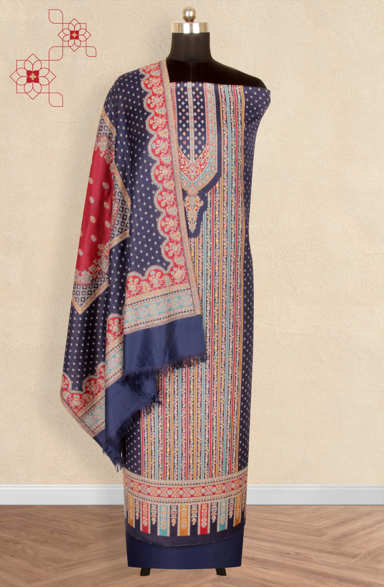 Blue Pashmina Winter Wear Unstitched Salwar Suit with Stole Dupatta - 1000-8031A