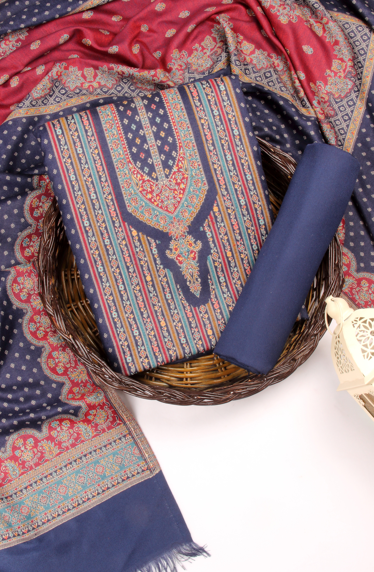 Blue Pashmina Winter Wear Unstitched Salwar Suit with Stole Dupatta - 1000-8031A