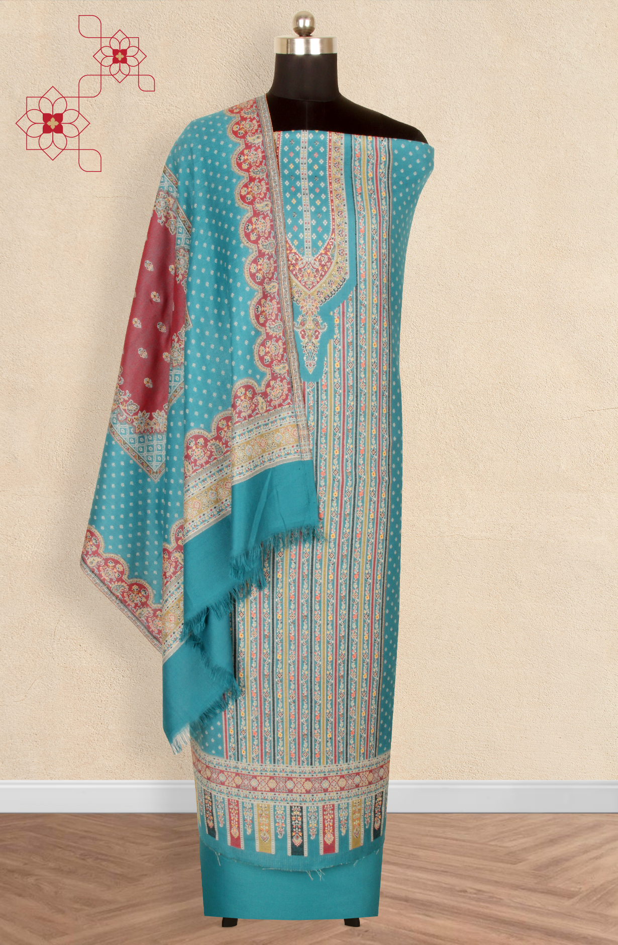 Firozi Pashmina Winter Wear Unstitched Salwar Suit with Stole Dupatta - 1000-8031B