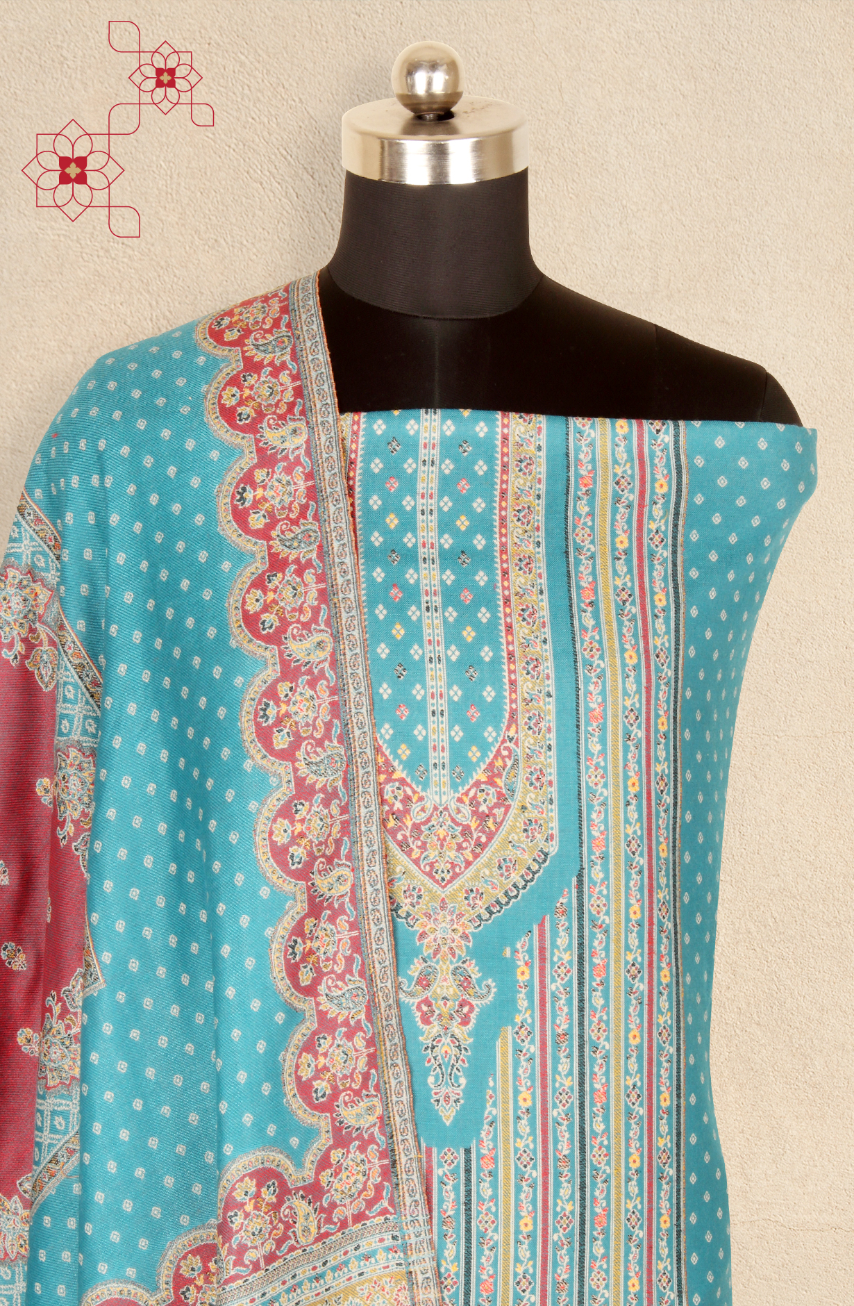 Firozi Pashmina Winter Wear Unstitched Salwar Suit with Stole Dupatta - 1000-8031B