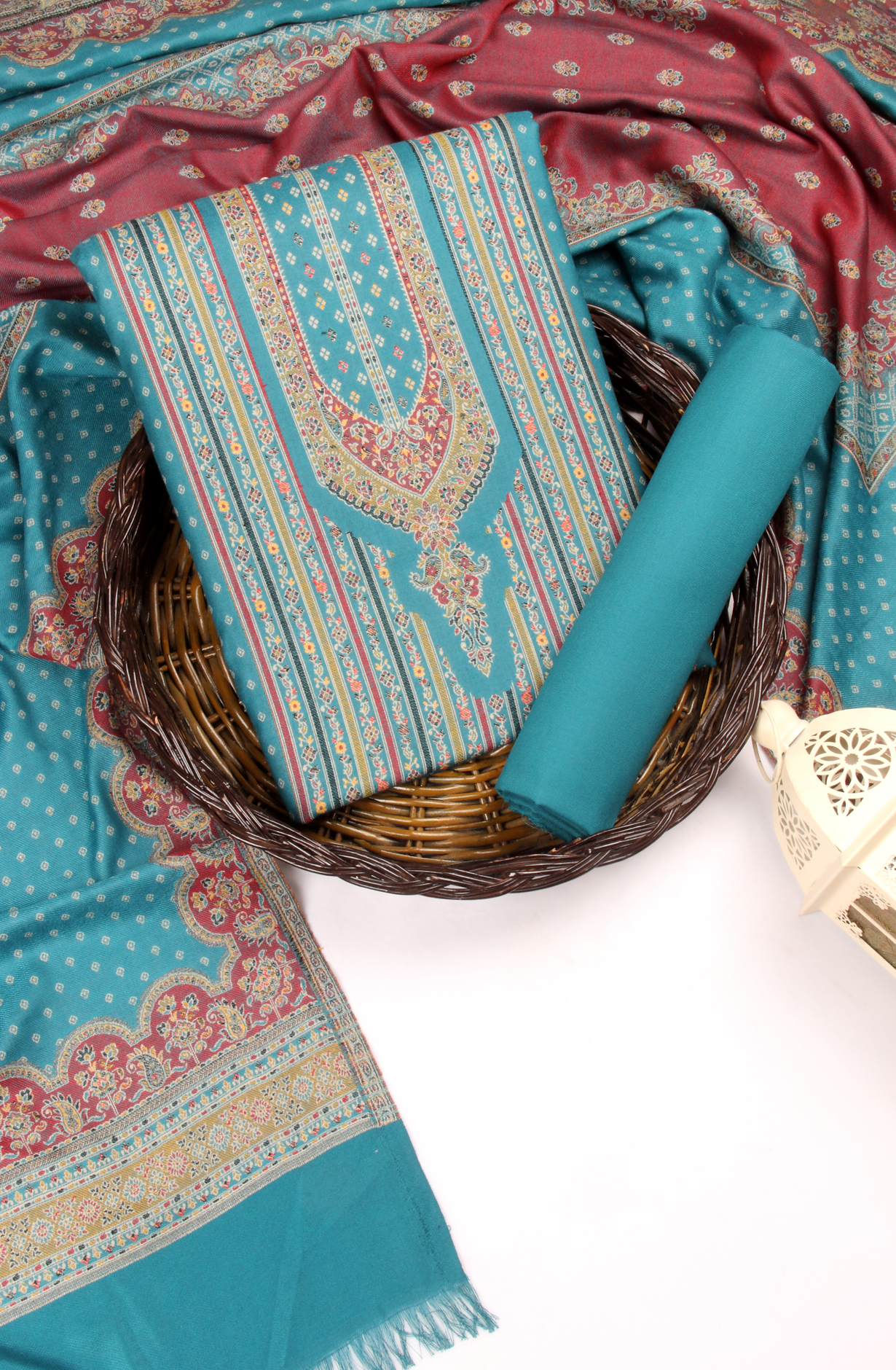 Firozi Pashmina Winter Wear Unstitched Salwar Suit with Stole Dupatta - 1000-8031B