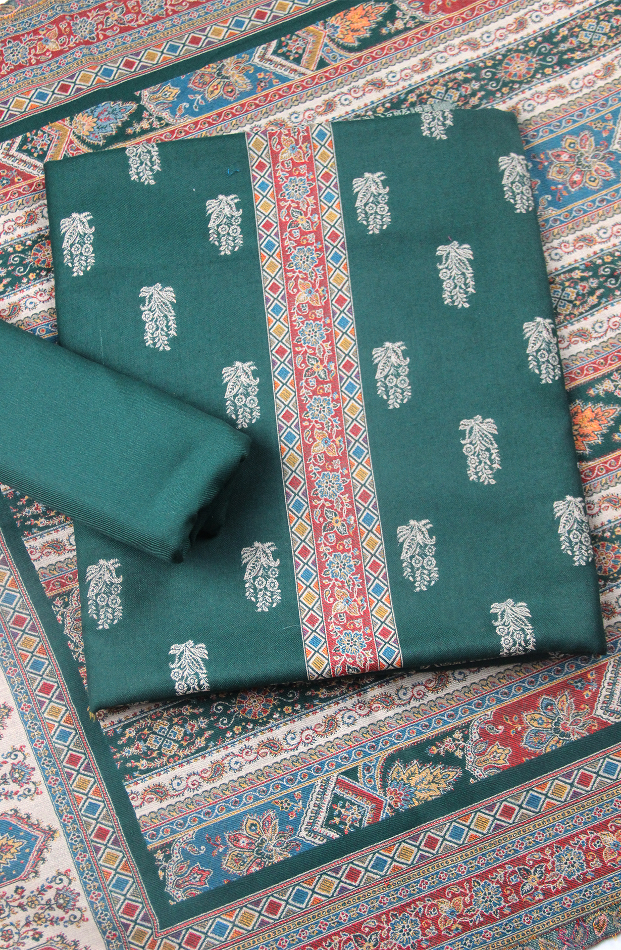 Bottle Green Pure Pashmina Suit - Set with Beautiful Pashmina Shawl- 1000-8051