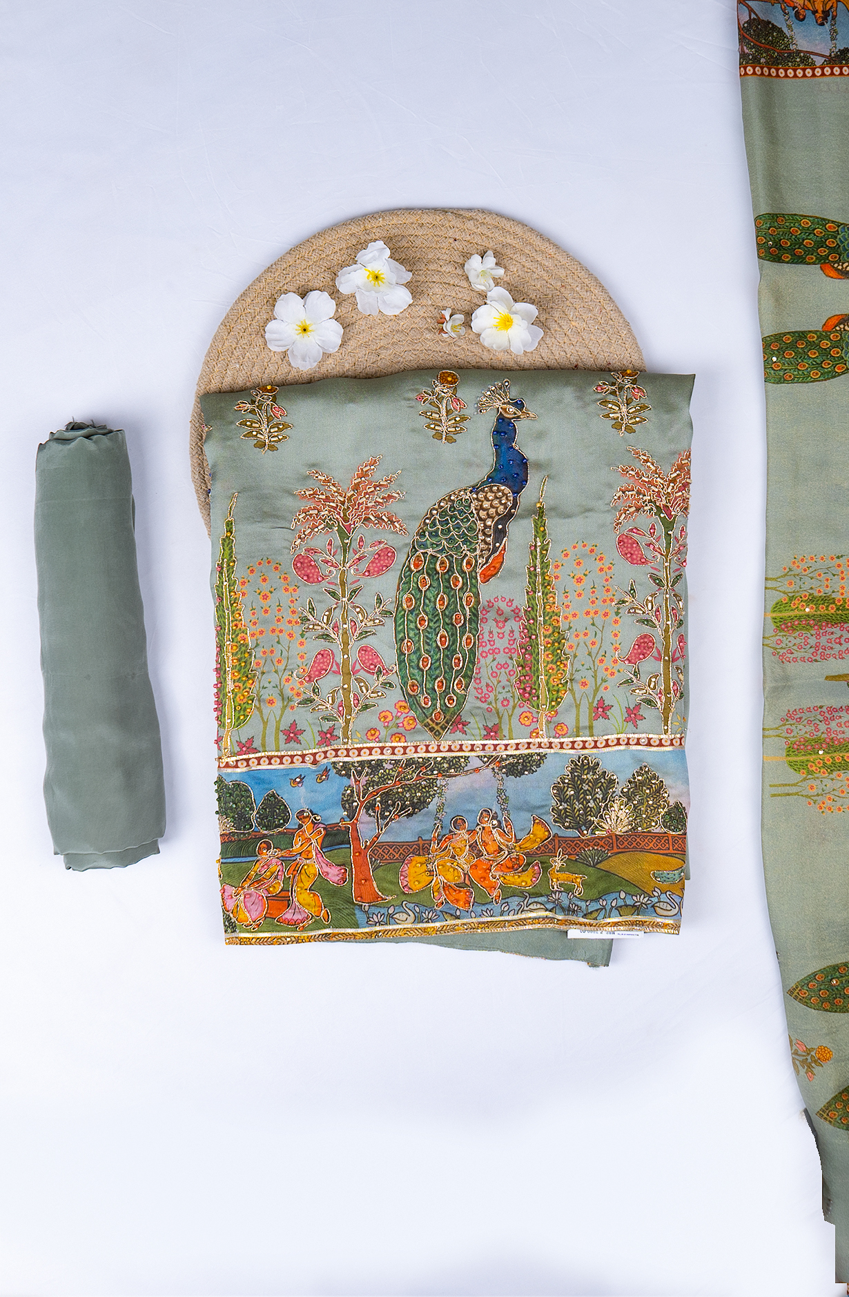 Green Satin Silk suit Set with Beautiful Organza Dupatta - 1001-112032