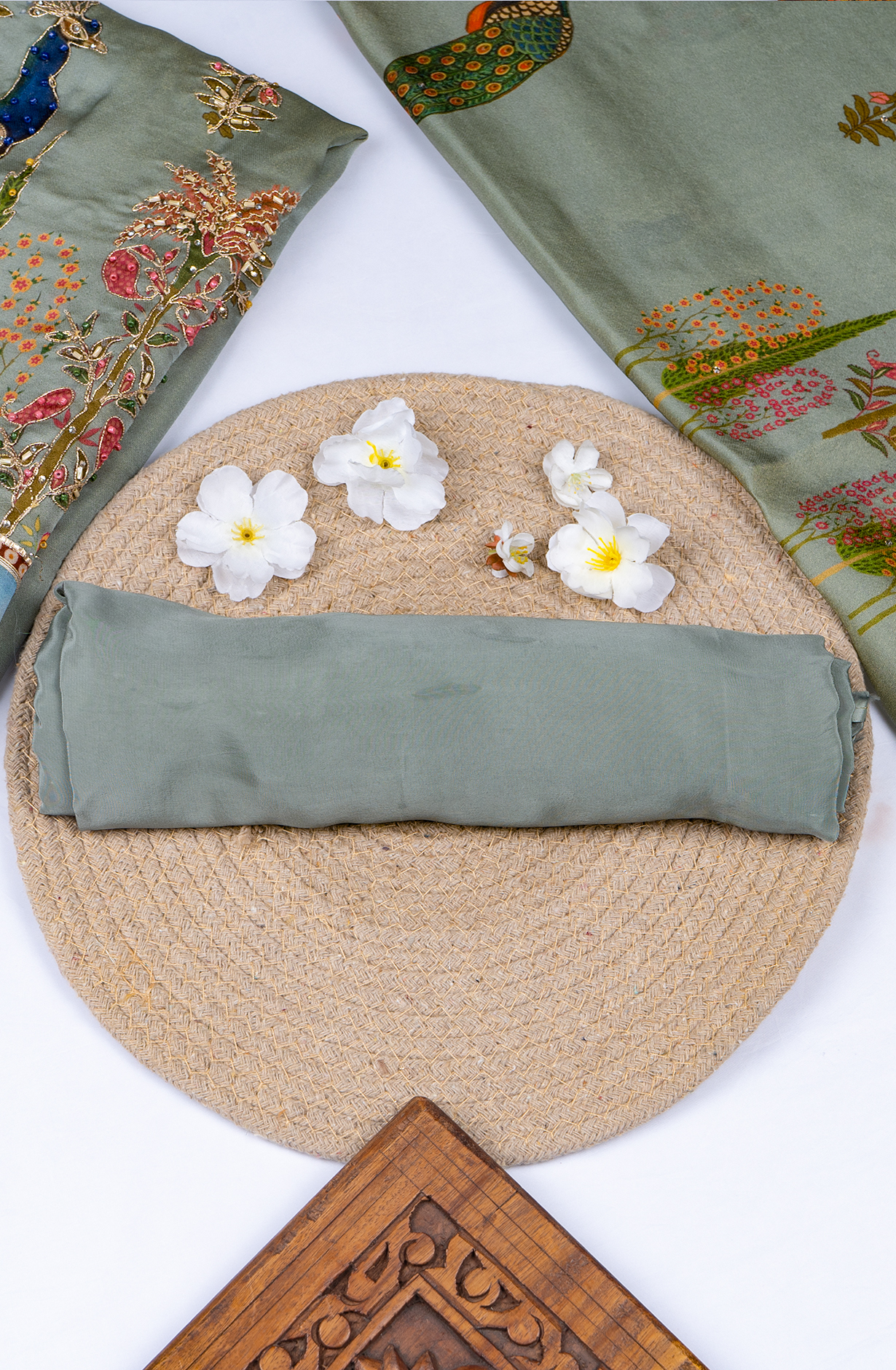 Green Satin Silk suit Set with Beautiful Organza Dupatta - 1001-112032