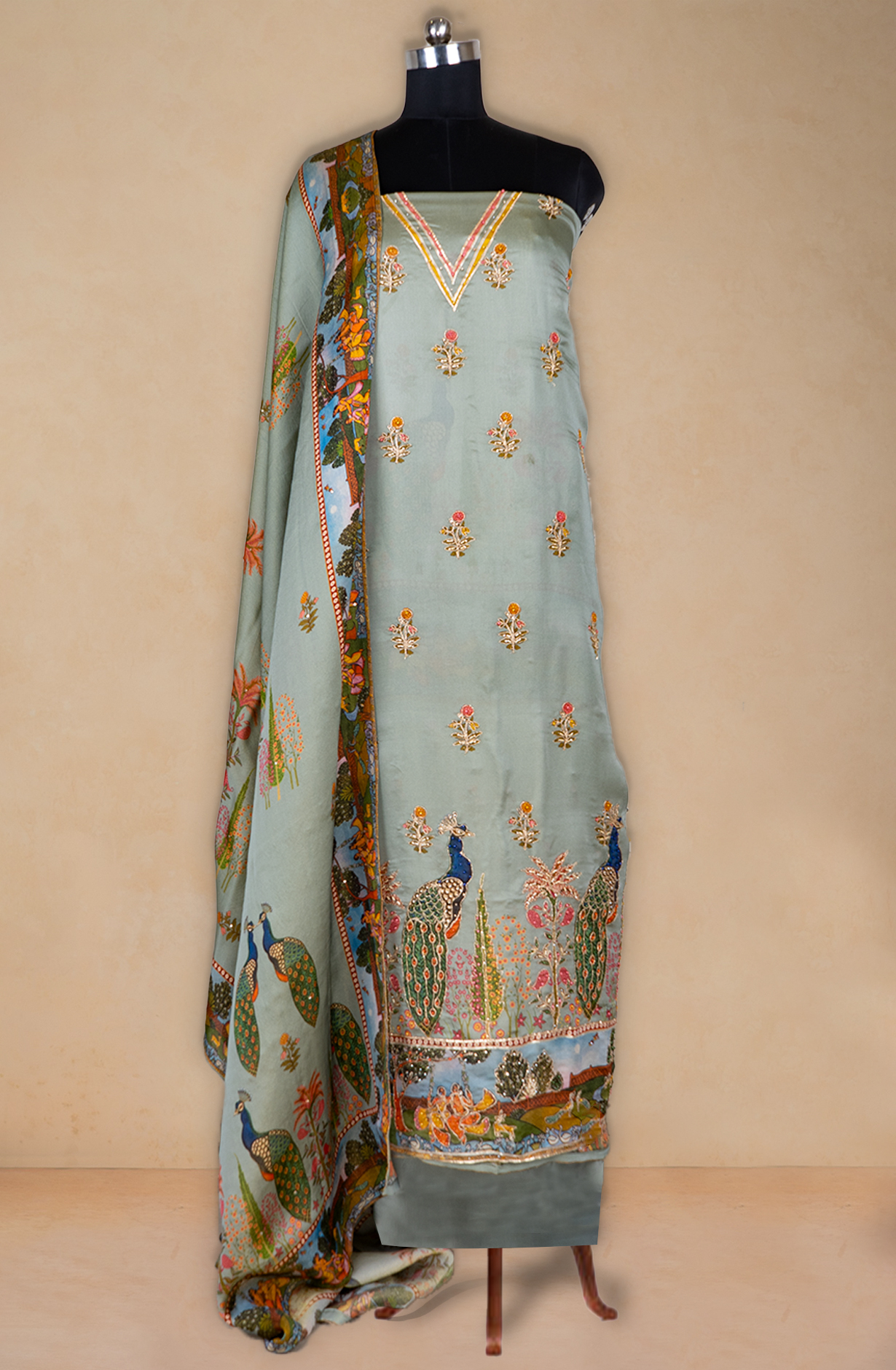 Green Satin Silk suit Set with Beautiful Organza Dupatta - 1001-112032