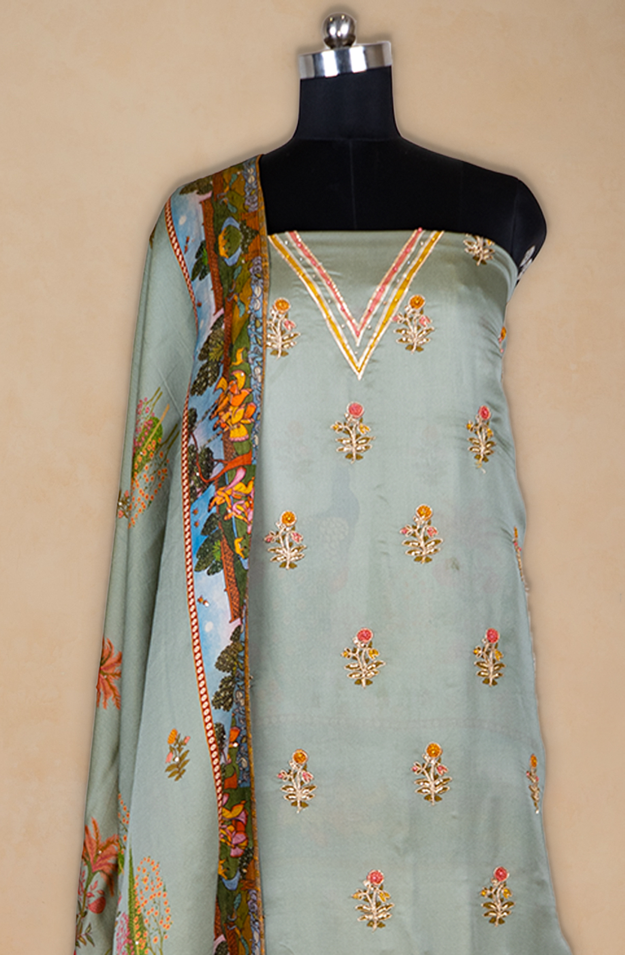 Green Satin Silk suit Set with Beautiful Organza Dupatta - 1001-112032