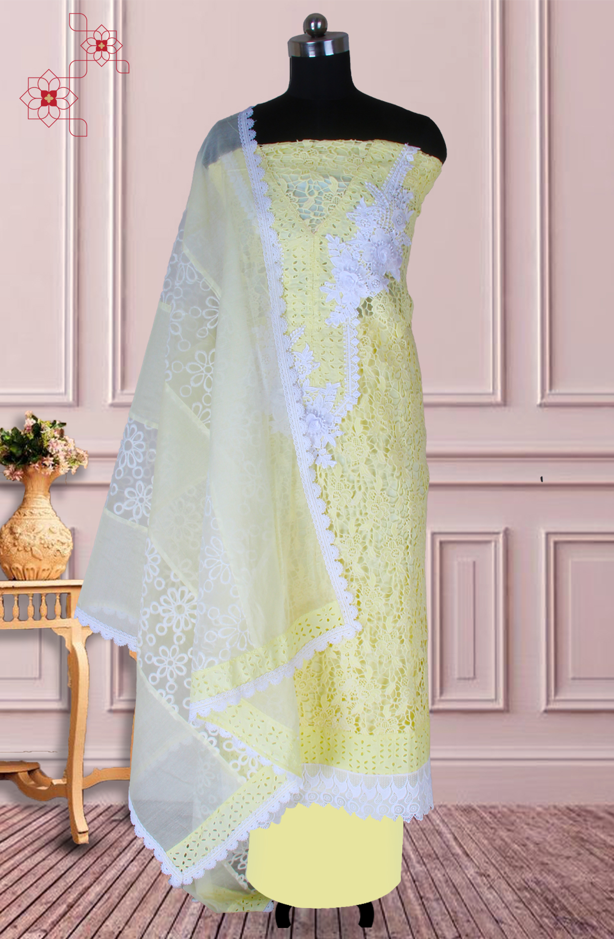 Yellow Cotton Chikankari Embroidery with Lace Work Salwar Kameez - 1001-JHU1323