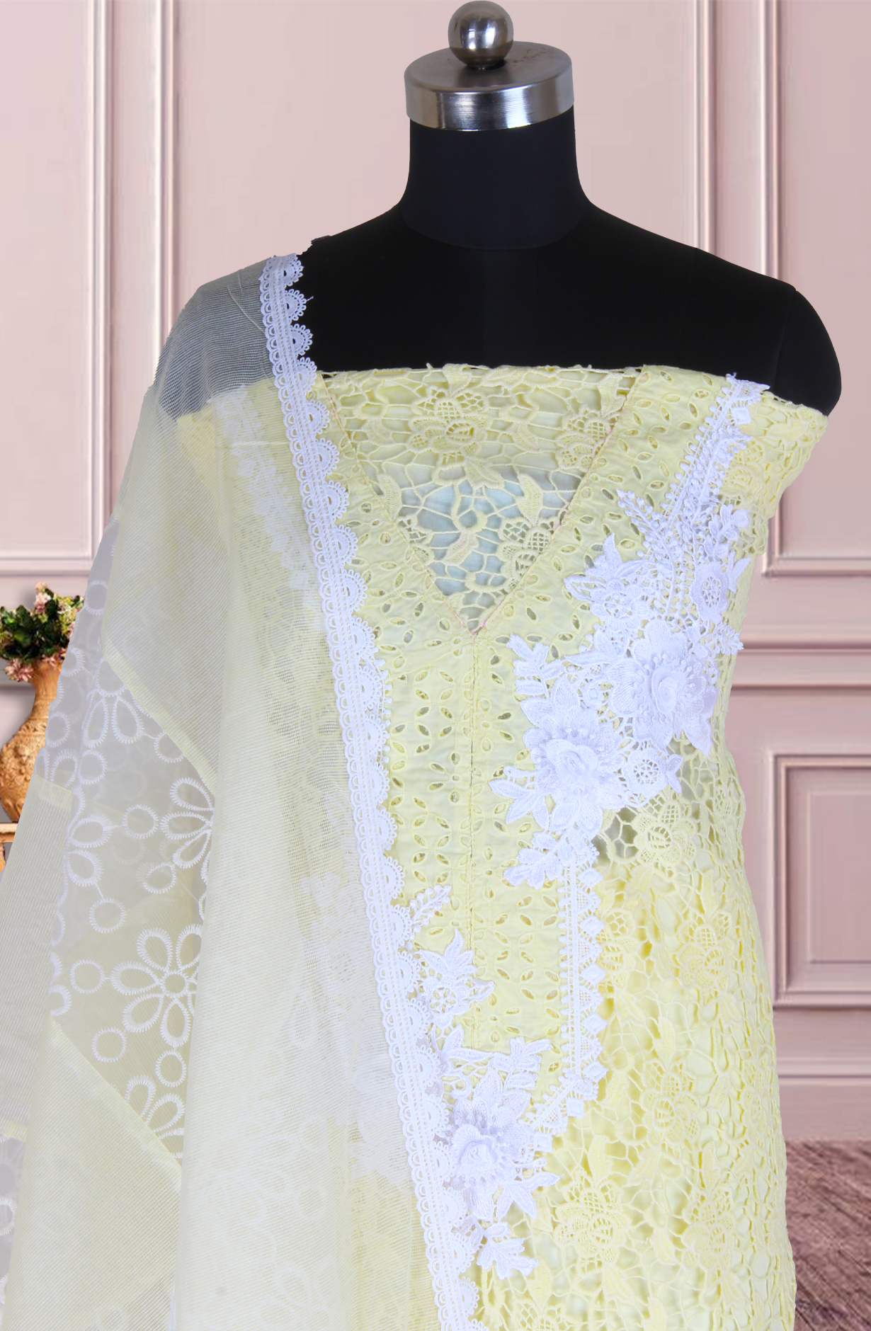 Yellow Cotton Chikankari Embroidery with Lace Work Salwar Kameez - 1001-JHU1323