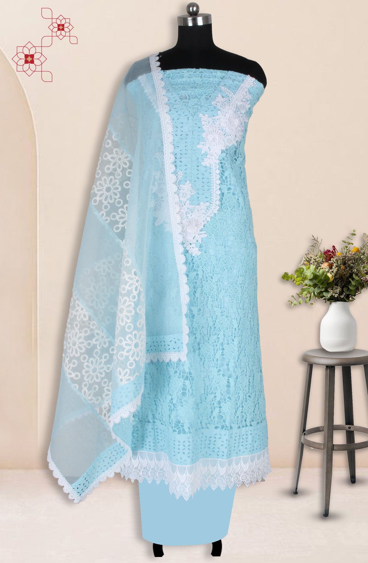 Firozi Cotton Chikankari Embroidery with Lace Work Salwar Kameez - 1001-JHU1323A