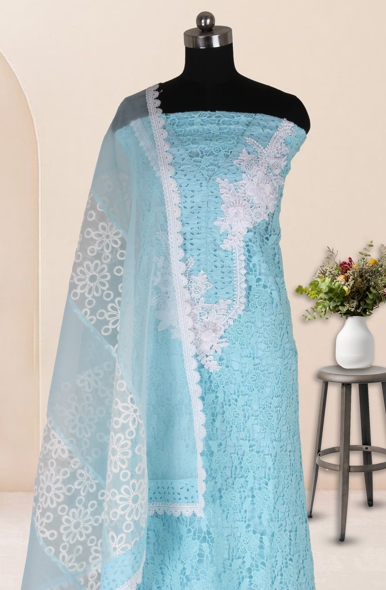 Firozi Cotton Chikankari Embroidery with Lace Work Salwar Kameez - 1001-JHU1323A