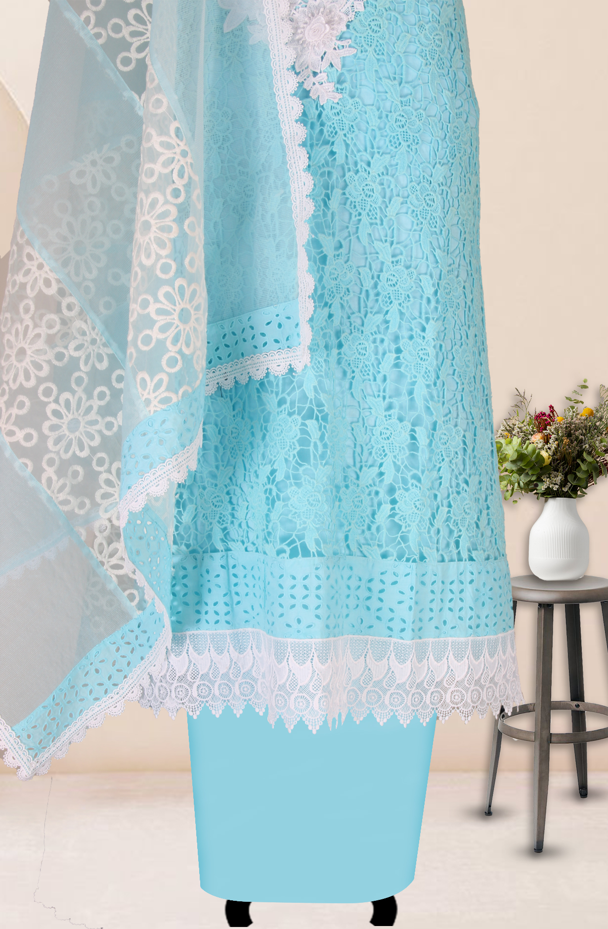 Firozi Cotton Chikankari Embroidery with Lace Work Salwar Kameez - 1001-JHU1323A