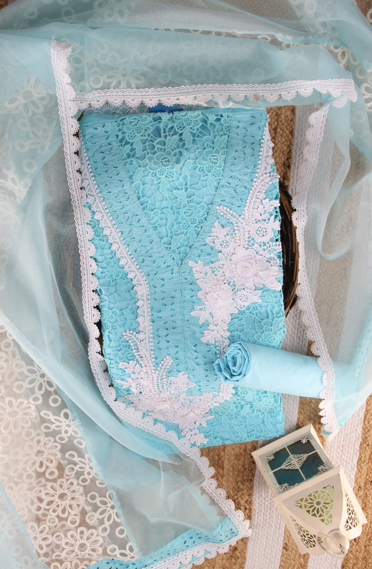 Firozi Cotton Chikankari Embroidery with Lace Work Salwar Kameez - 1001-JHU1323A