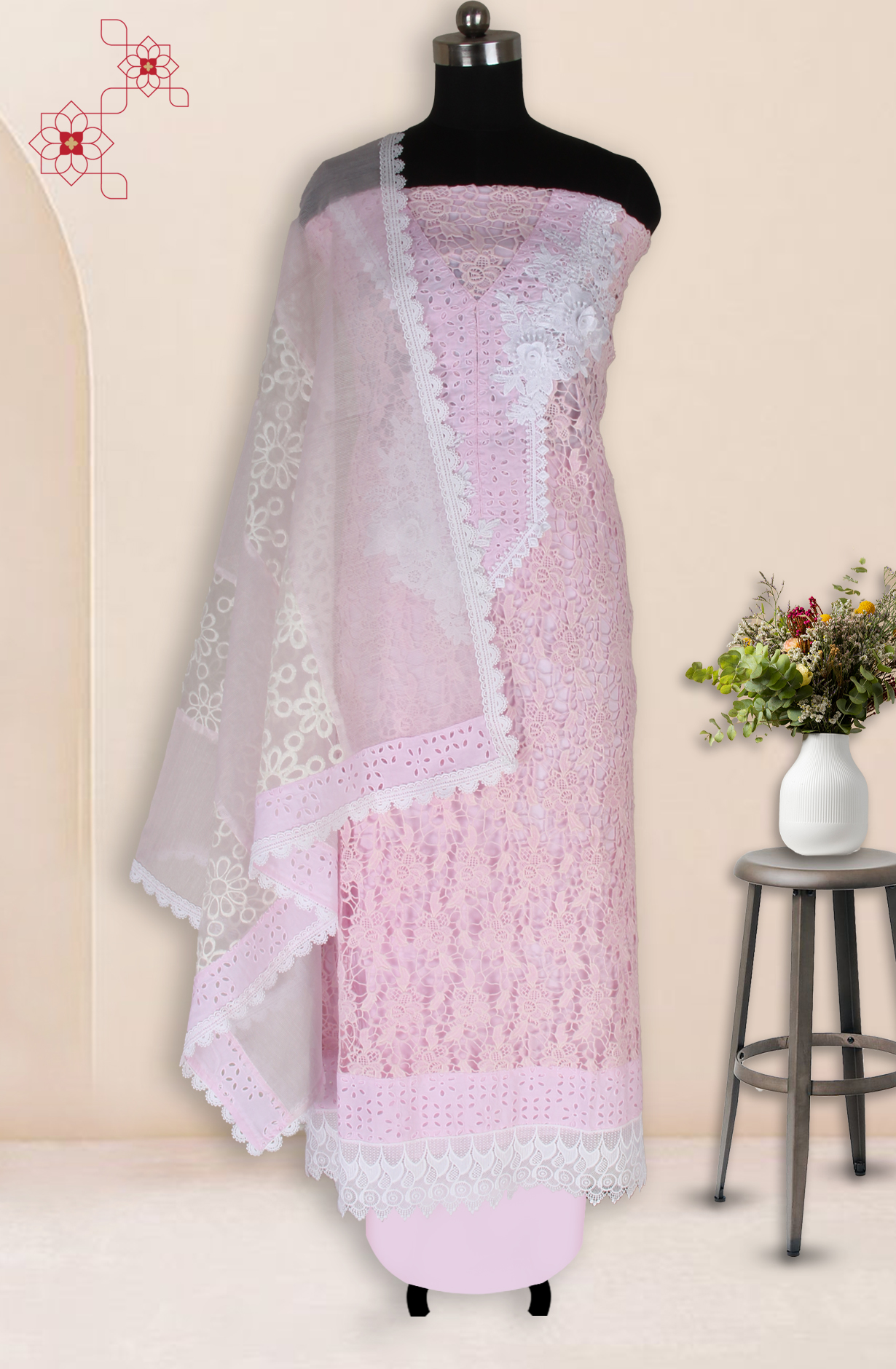 Baby Pink Cotton Chikankari Embroidery with Lace Work Salwar Kameez - 1001-JHU1323B