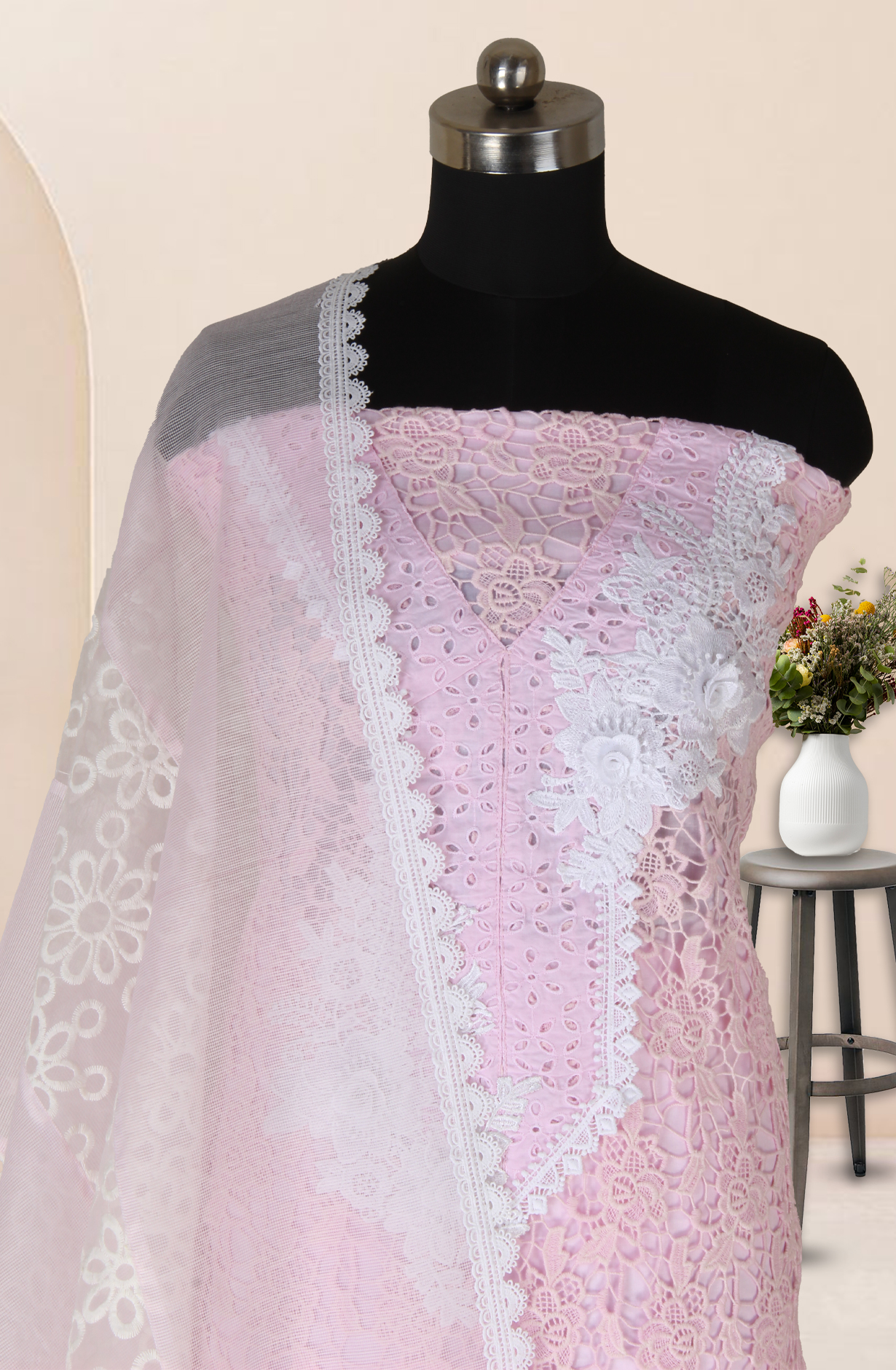 Baby Pink Cotton Chikankari Embroidery with Lace Work Salwar Kameez - 1001-JHU1323B