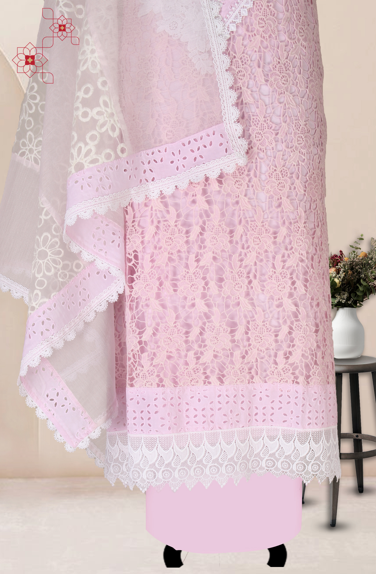 Baby Pink Cotton Chikankari Embroidery with Lace Work Salwar Kameez - 1001-JHU1323B