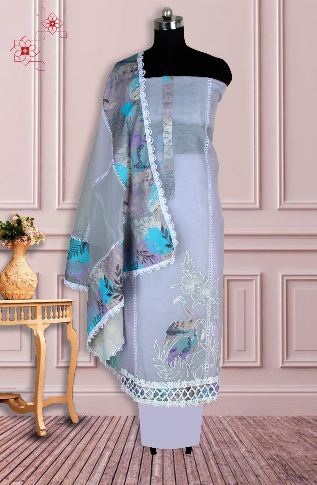 Lavender Kota Lace Work Unstitched Salwar Kameez - 1001-JKC158