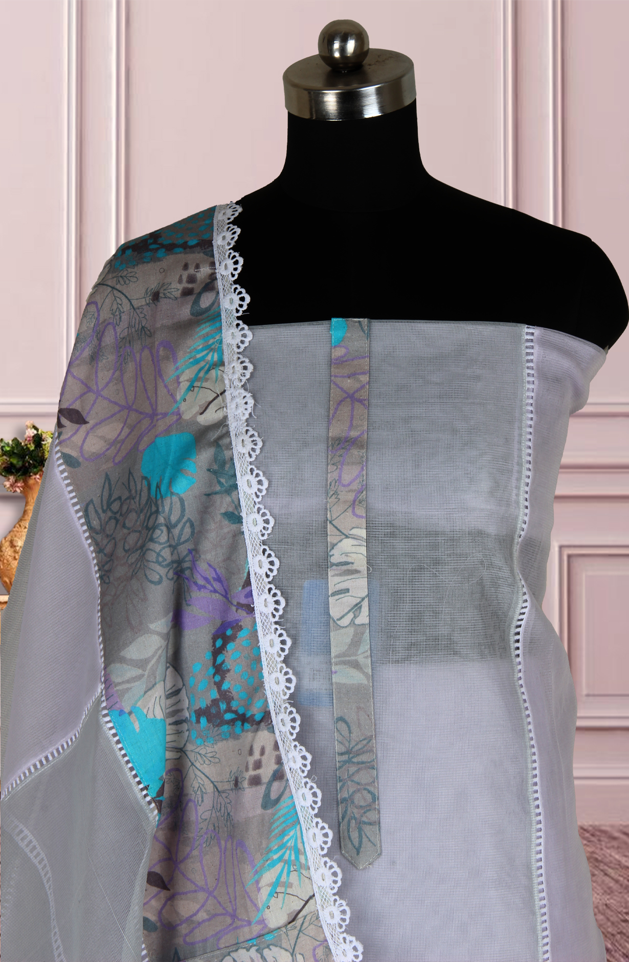 Lavender Kota Lace Work Unstitched Salwar Kameez - 1001-JKC158