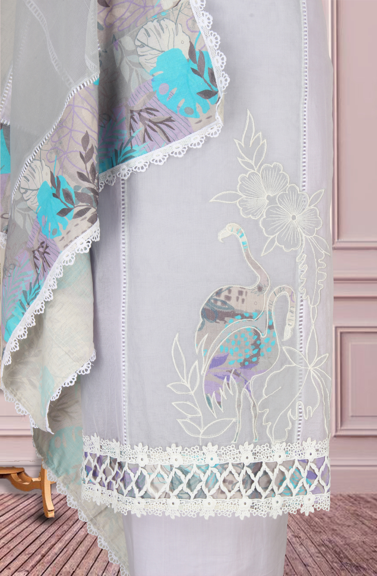 Lavender Kota Lace Work Unstitched Salwar Kameez - 1001-JKC158