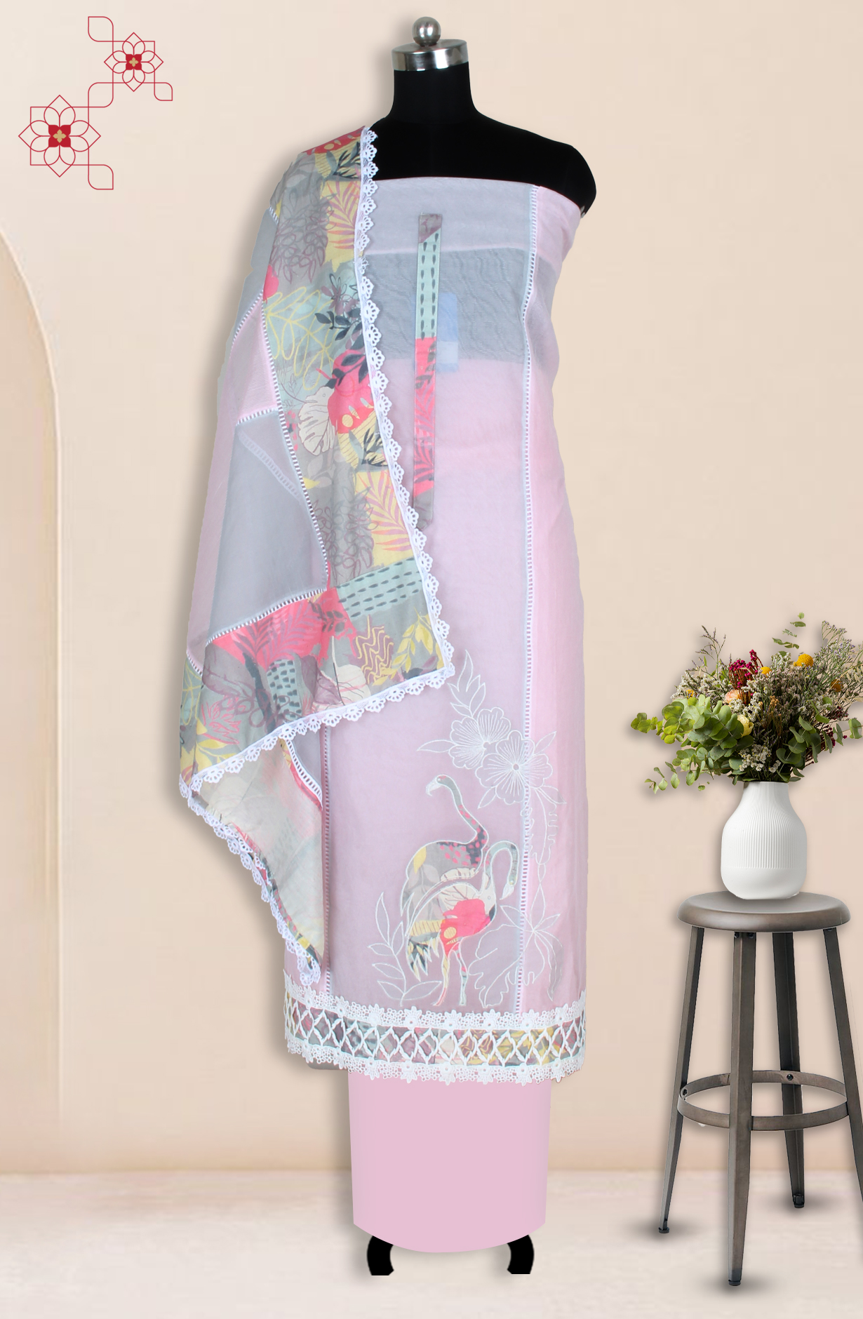 Baby Pink Kota Lace Work Unstitched Salwar Kameez - 1001-JKC158A