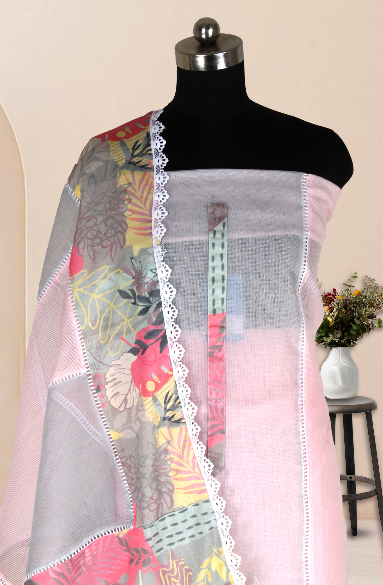 Baby Pink Kota Lace Work Unstitched Salwar Kameez - 1001-JKC158A