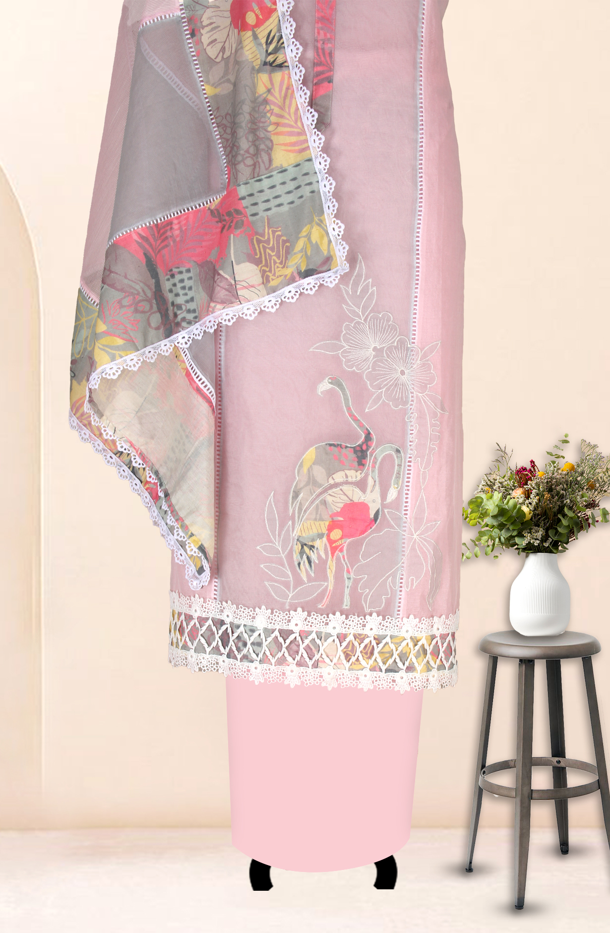 Baby Pink Kota Lace Work Unstitched Salwar Kameez - 1001-JKC158A