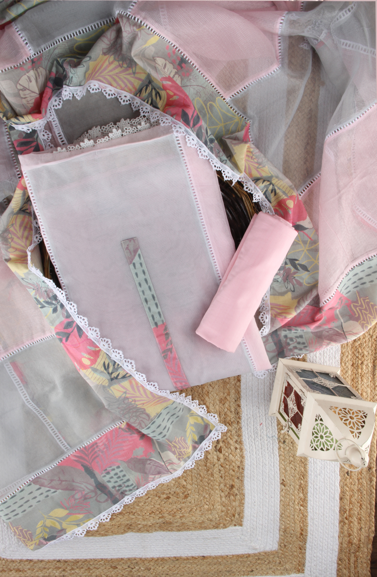 Baby Pink Kota Lace Work Unstitched Salwar Kameez - 1001-JKC158A