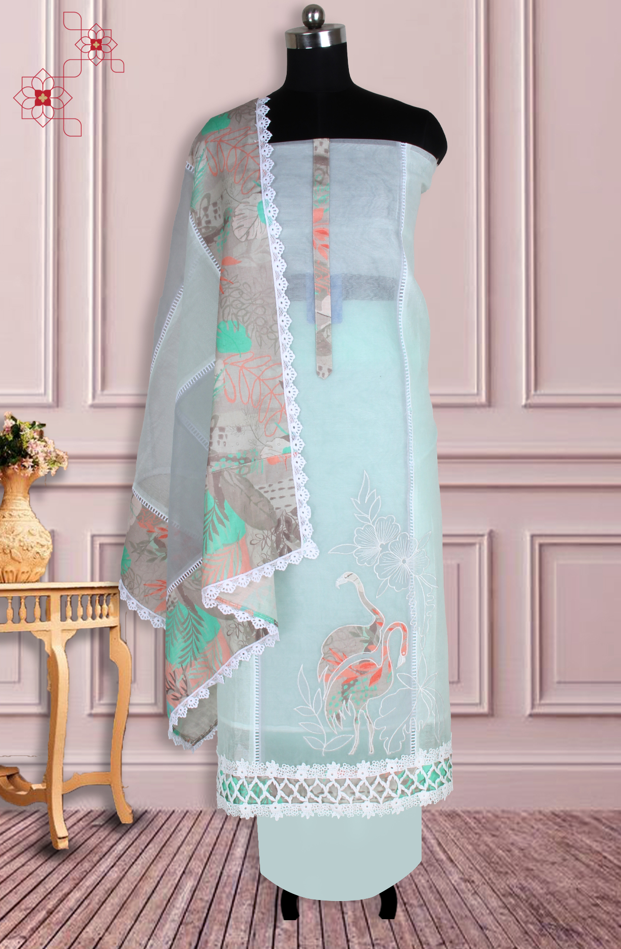 Pista Green Kota Lace Work Unstitched Salwar Kameez - 1001-JKC158B
