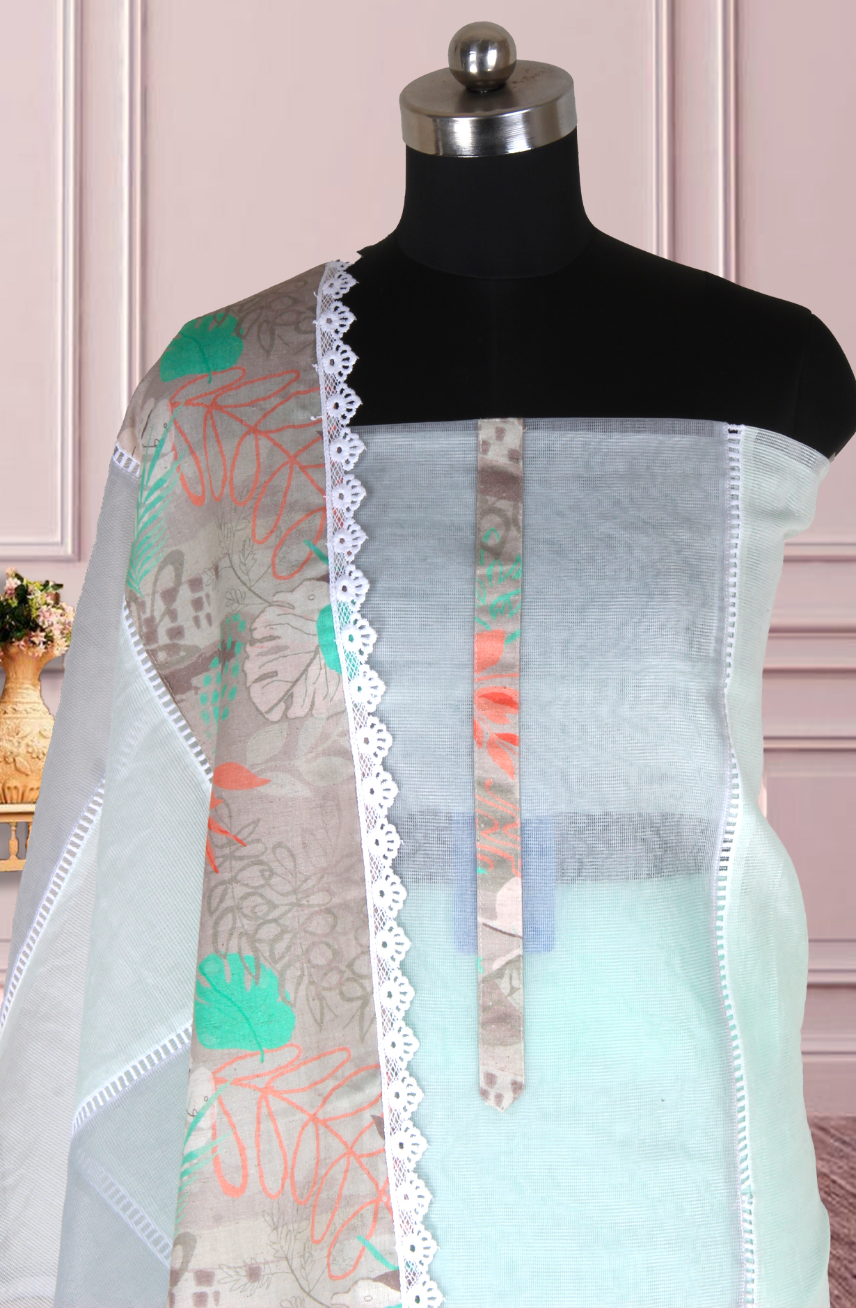 Pista Green Kota Lace Work Unstitched Salwar Kameez - 1001-JKC158B