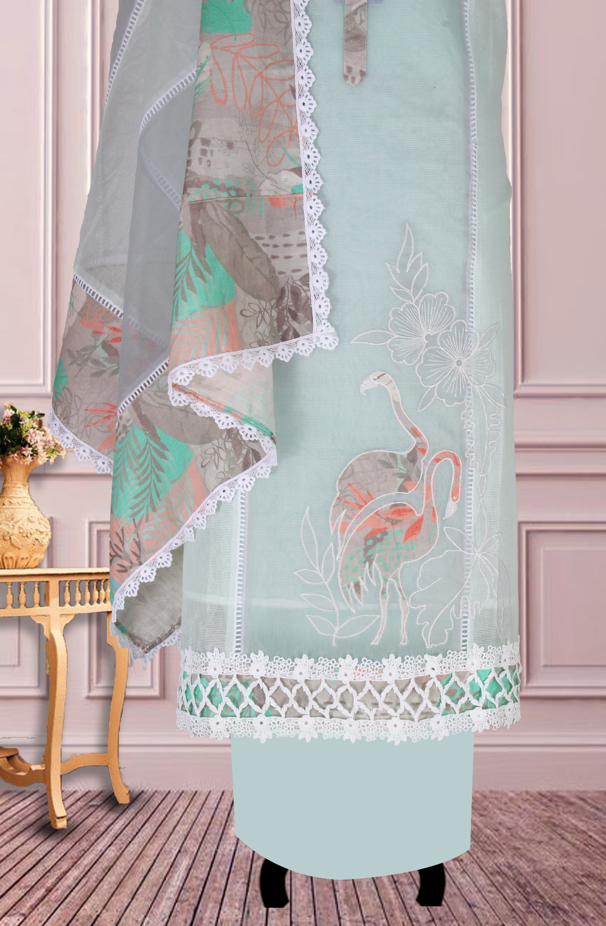 Pista Green Kota Lace Work Unstitched Salwar Kameez - 1001-JKC158B