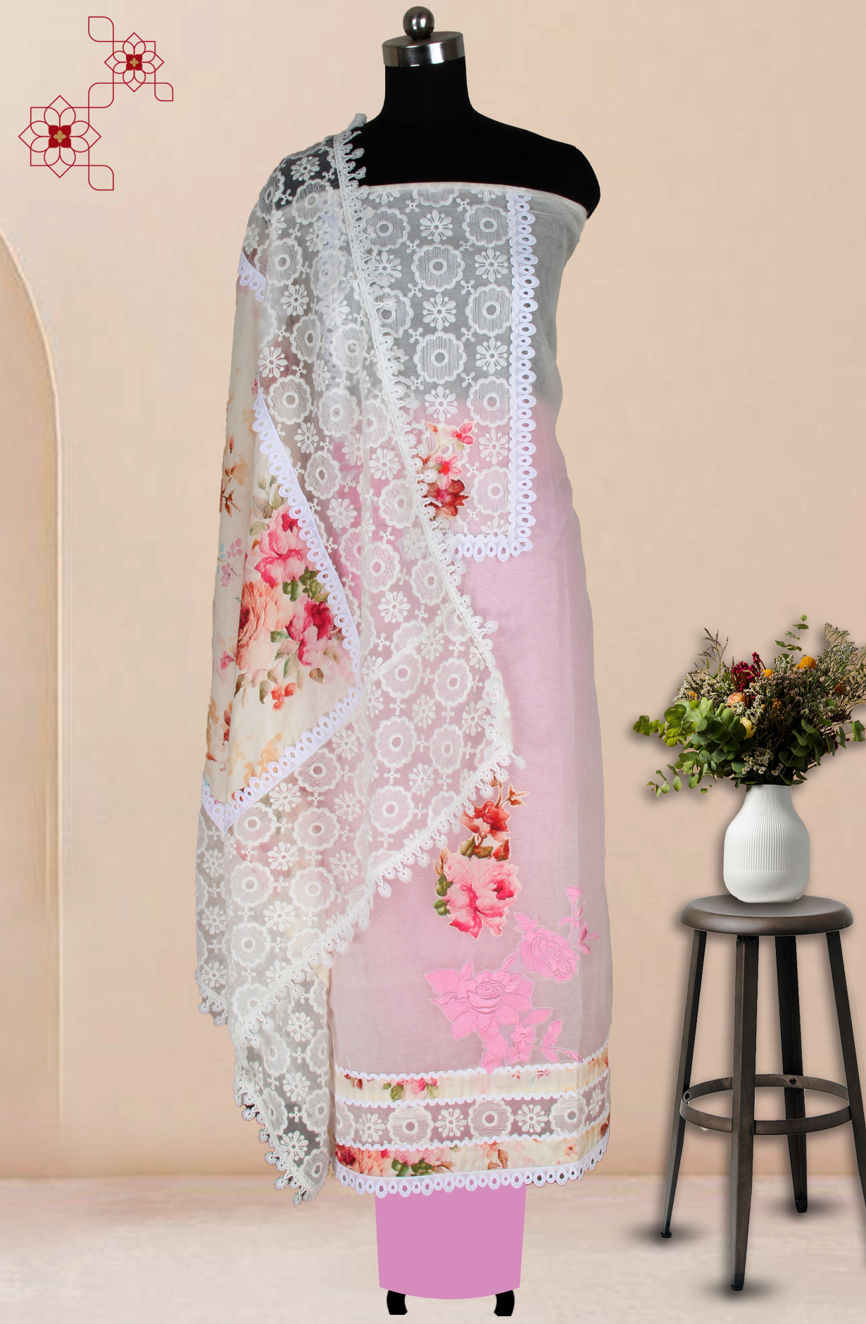Cream and Pink Kota Chikankari Embroidered Salwar Kameez - 1001-JKC170