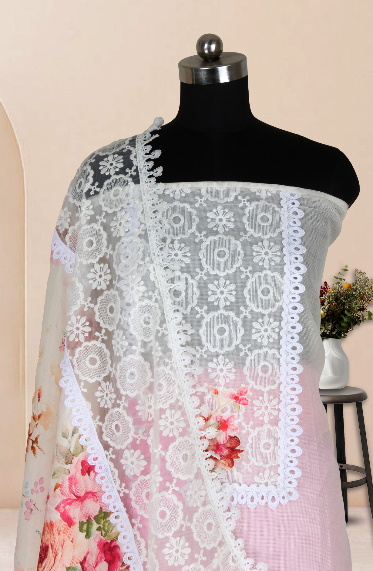 Cream and Pink Kota Chikankari Embroidered Salwar Kameez - 1001-JKC170