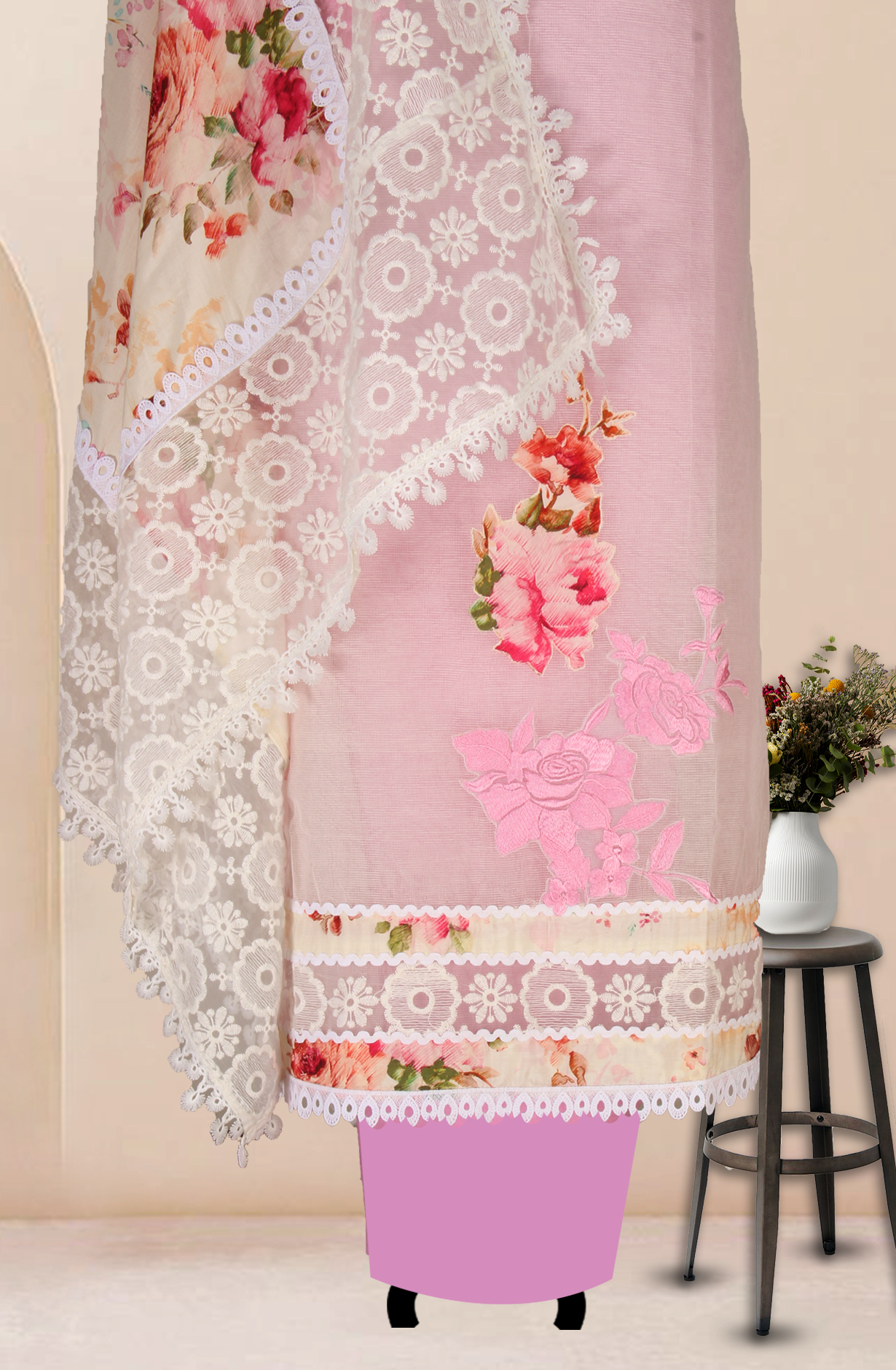 Cream and Pink Kota Chikankari Embroidered Salwar Kameez - 1001-JKC170