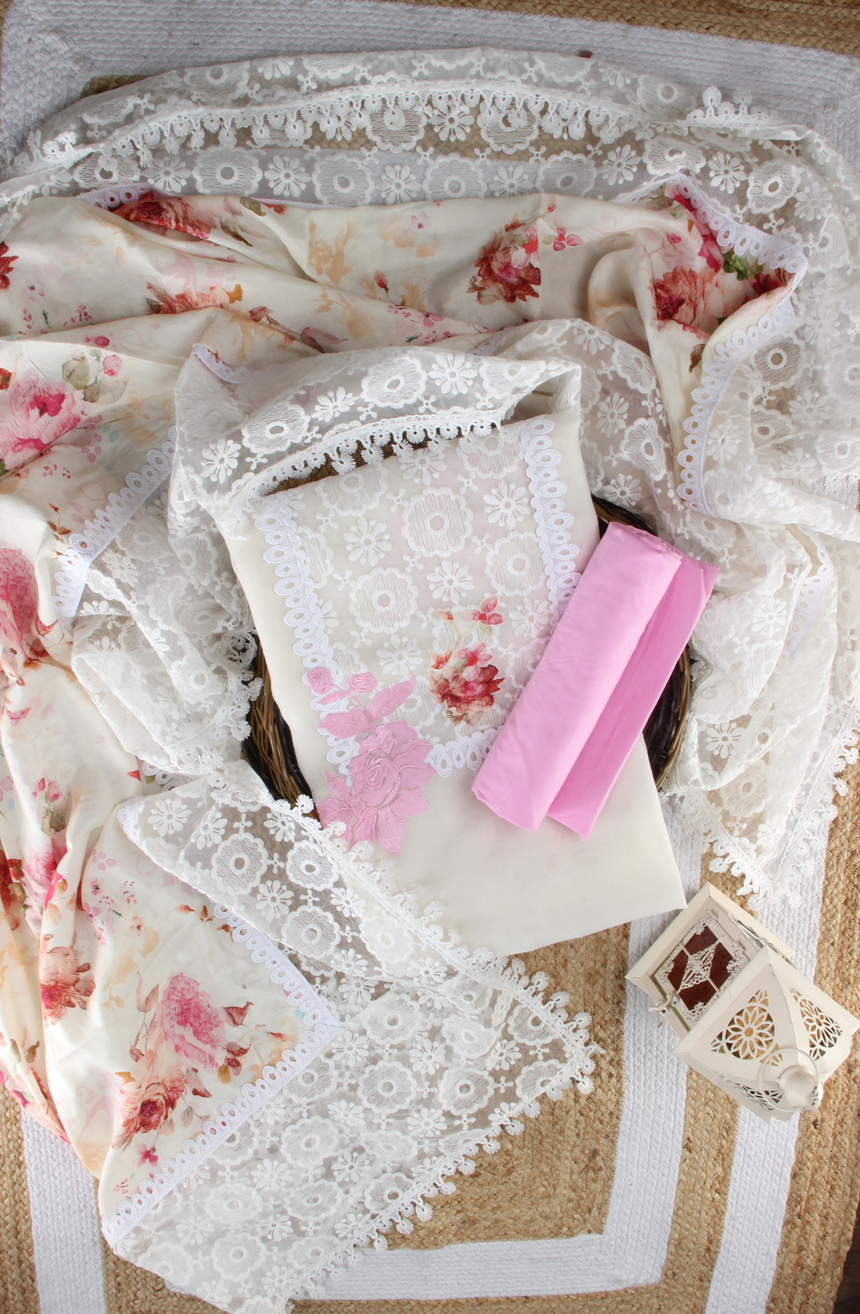 Cream and Pink Kota Chikankari Embroidered Salwar Kameez - 1001-JKC170