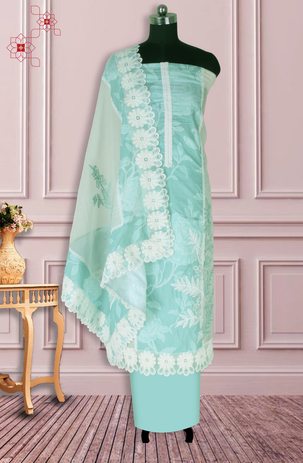Sea Green Kota Lace Work Unstitched Salwar Kameez - 1001-JKC176