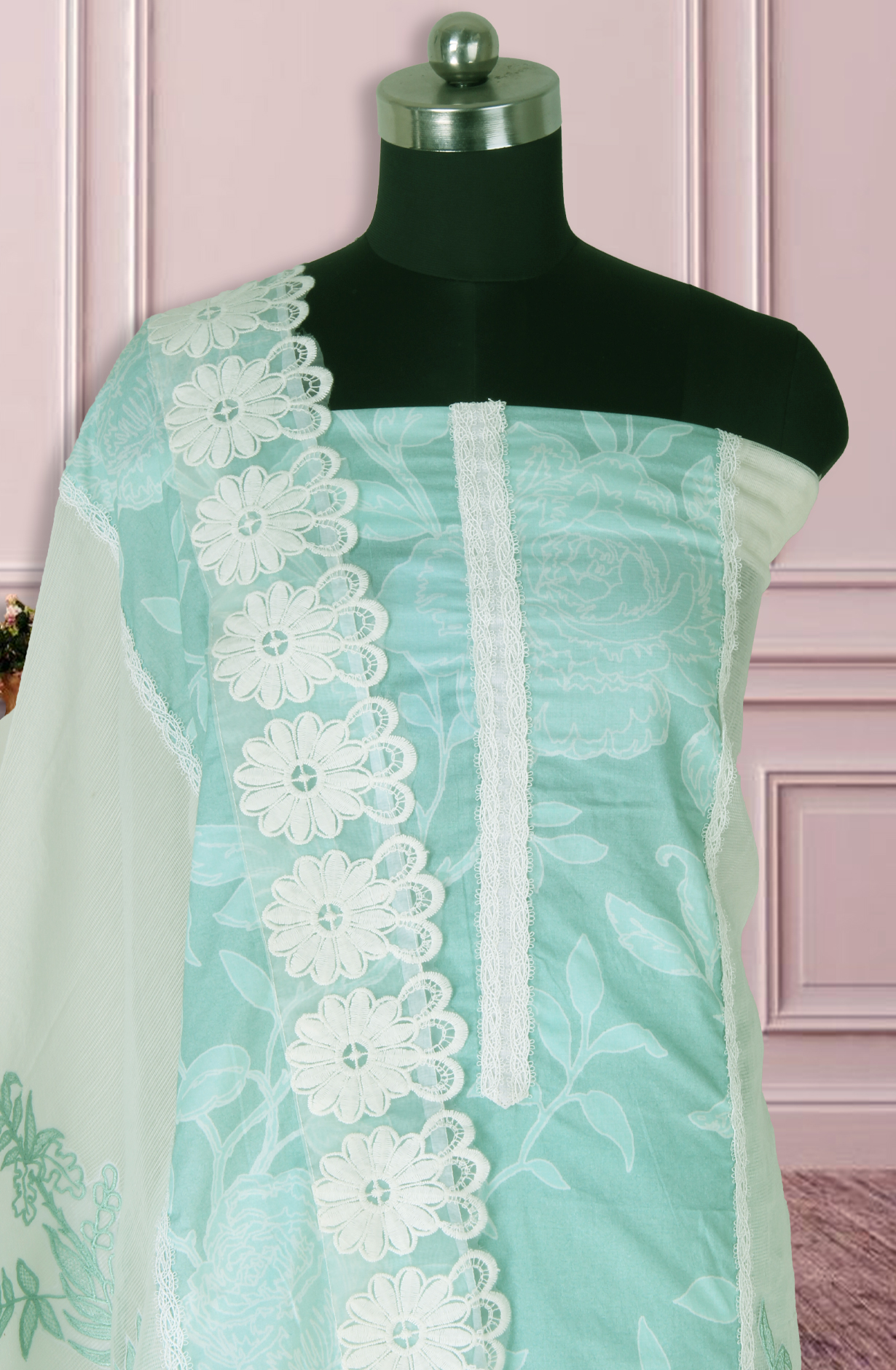 Sea Green Kota Lace Work Unstitched Salwar Kameez - 1001-JKC176