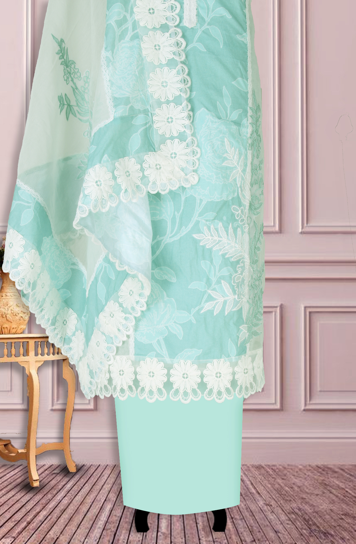 Sea Green Kota Lace Work Unstitched Salwar Kameez - 1001-JKC176