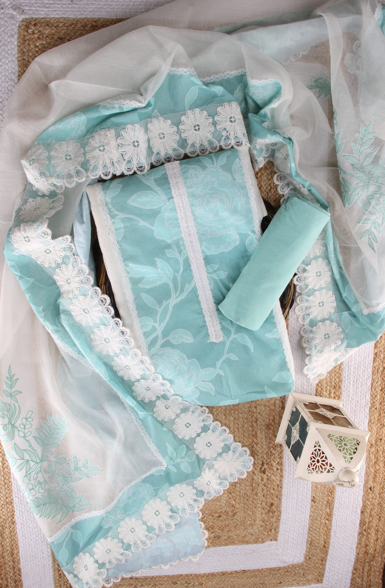 Sea Green Kota Lace Work Unstitched Salwar Kameez - 1001-JKC176