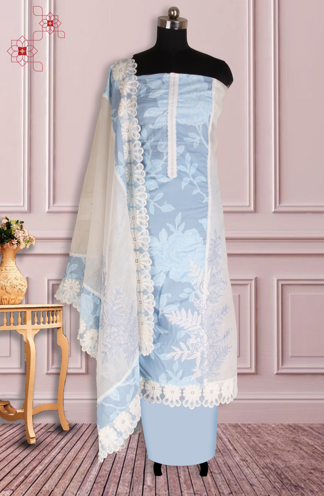 Pastel Blue Kota Lace Work Unstitched Salwar Kameez - 1001-JKC176A