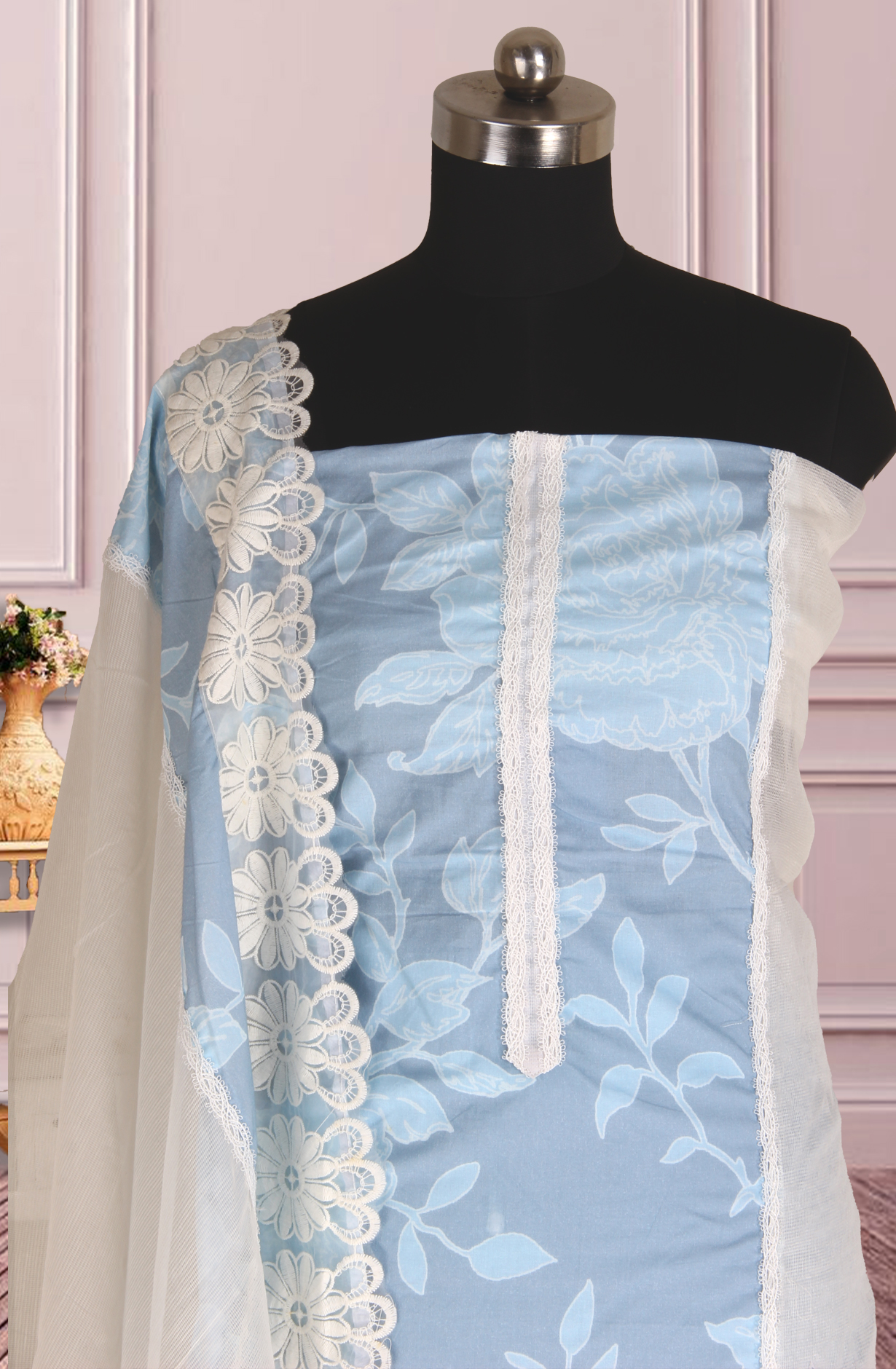 Pastel Blue Kota Lace Work Unstitched Salwar Kameez - 1001-JKC176A