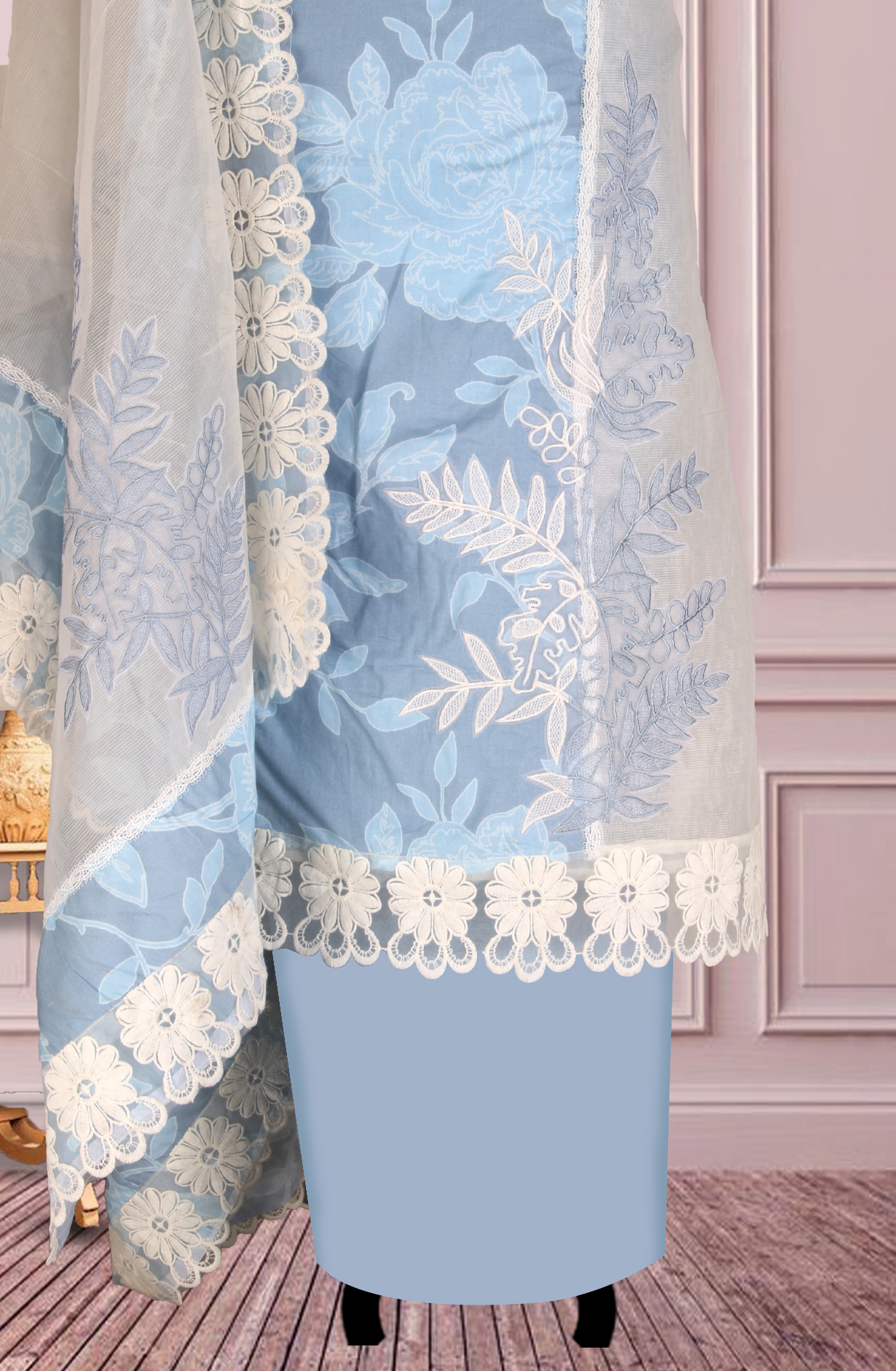 Pastel Blue Kota Lace Work Unstitched Salwar Kameez - 1001-JKC176A