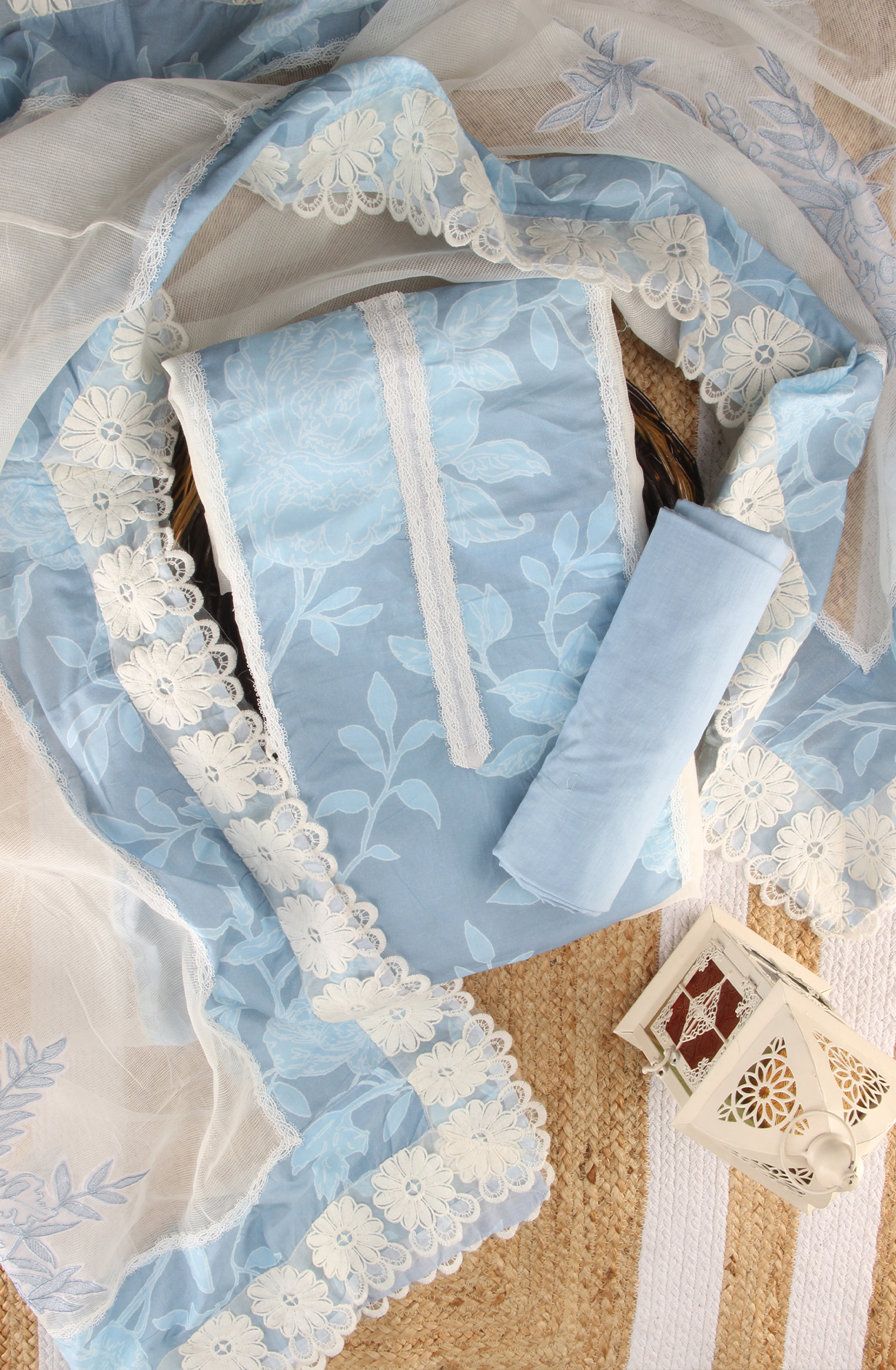 Pastel Blue Kota Lace Work Unstitched Salwar Kameez - 1001-JKC176A