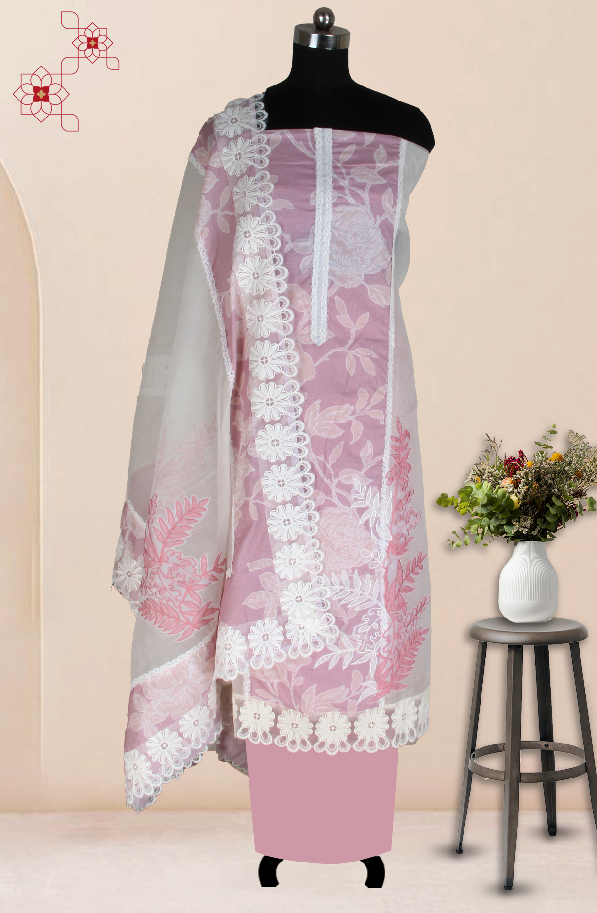 Mauve Kota Lace Work Unstitched Salwar Kameez - 1001-JKC176B