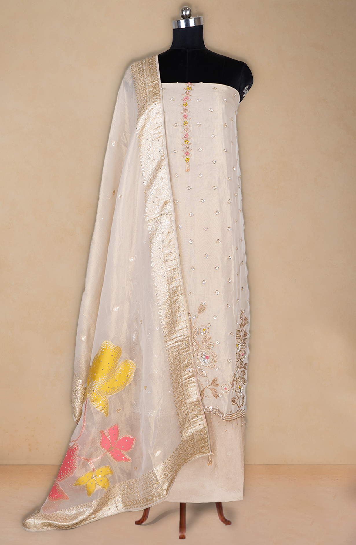 Cream Shimmer Suit set with Beautiful Dupatta - 1001-NAAZ622