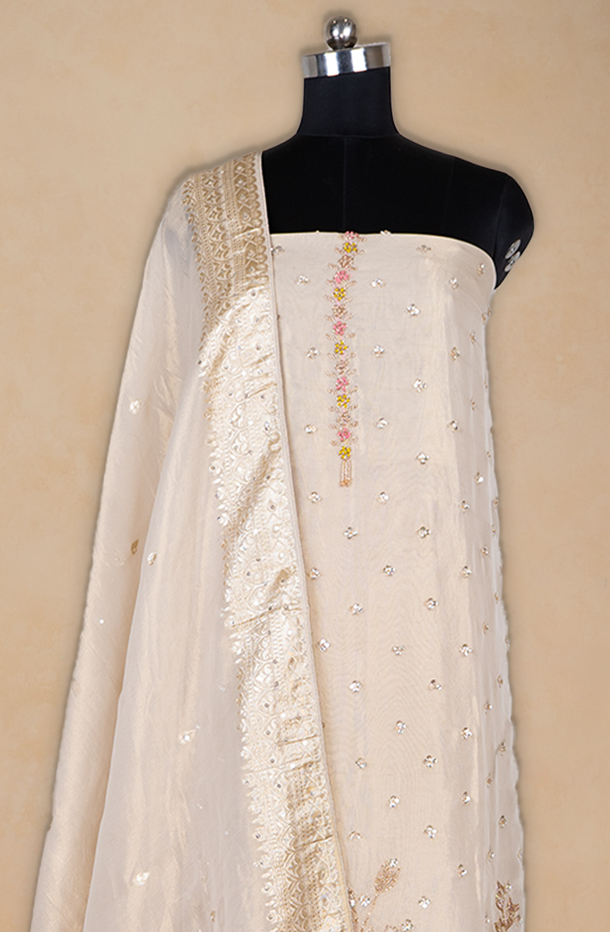 Cream Shimmer Suit set with Beautiful Dupatta - 1001-NAAZ622