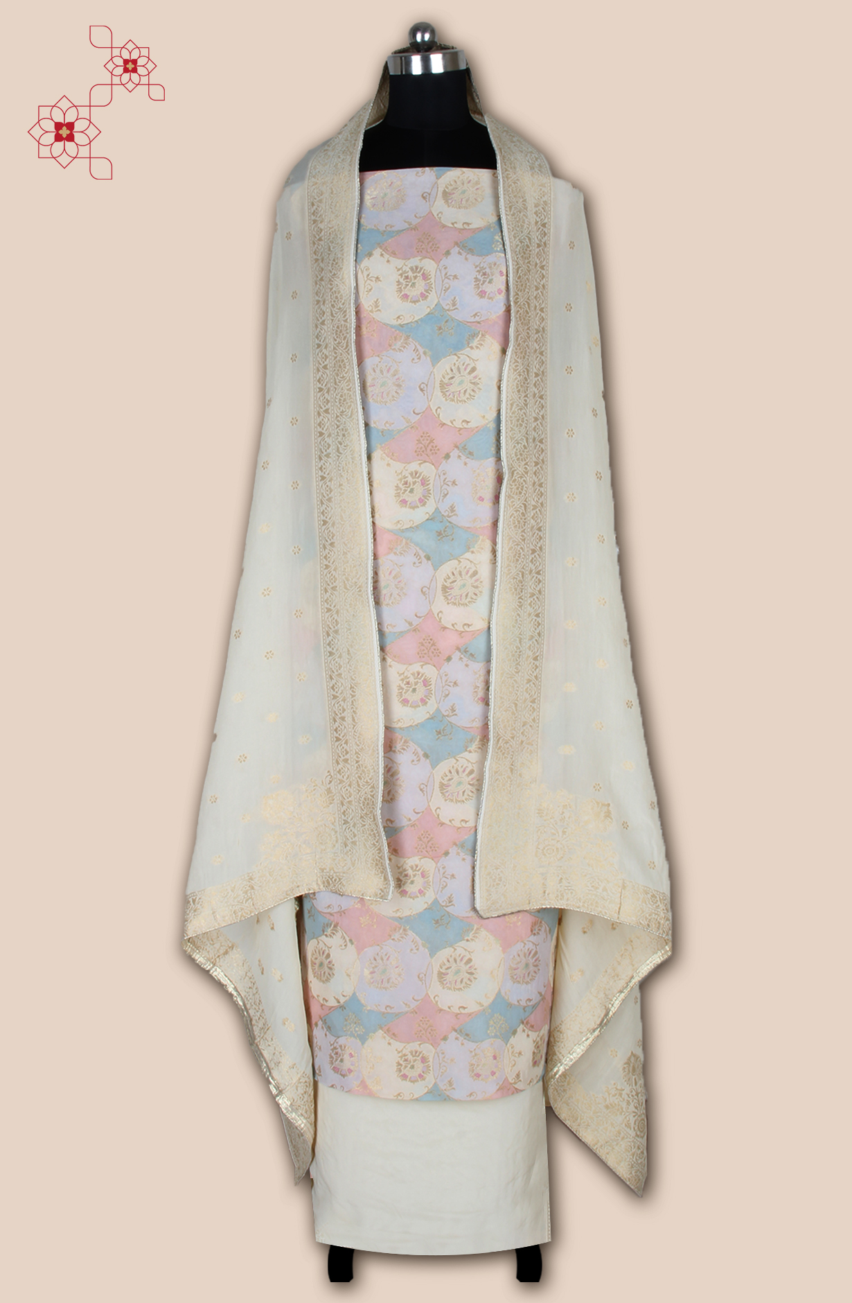 Cream Beautiful Georgette Zari Brocade Work Unstitched Salwar Kameez - 1002-GGT11404A