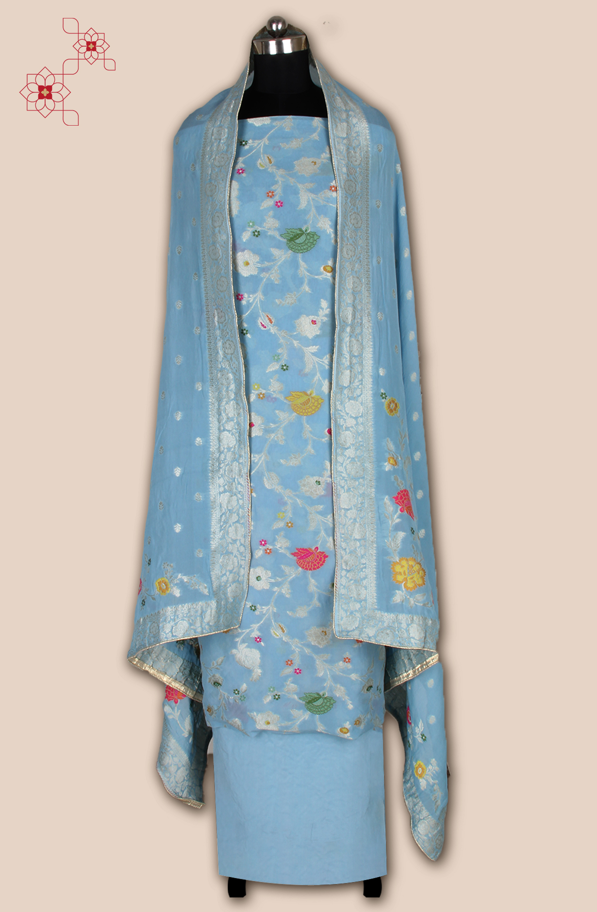 Beautiful Pastel Blue Georgette Zari Brocade Work Unstitched Salwar Kameez - 1002-GM326C