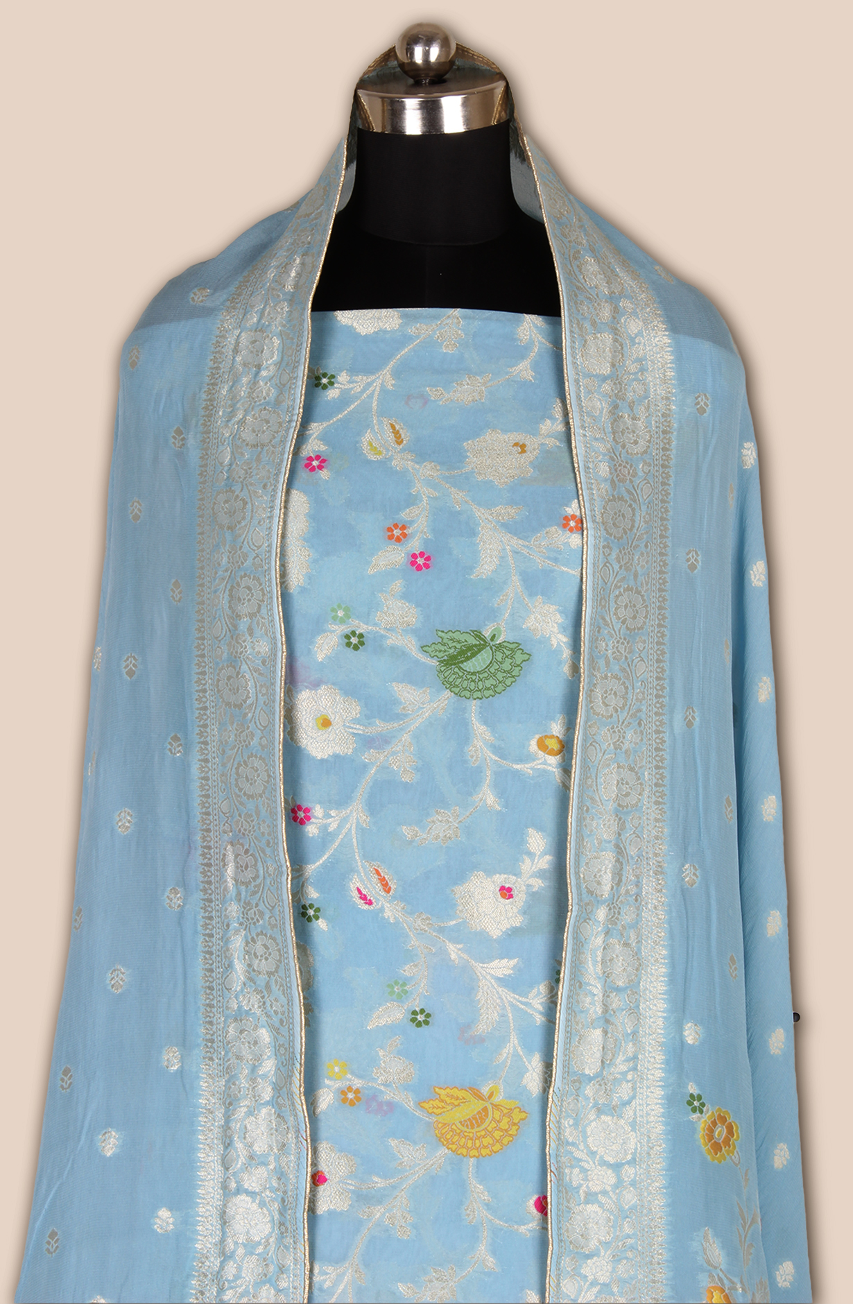 Beautiful Pastel Blue Georgette Zari Brocade Work Unstitched Salwar Kameez - 1002-GM326C