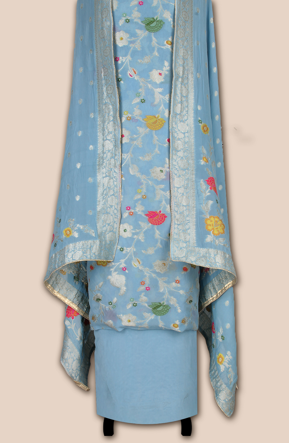 Beautiful Pastel Blue Georgette Zari Brocade Work Unstitched Salwar Kameez - 1002-GM326C