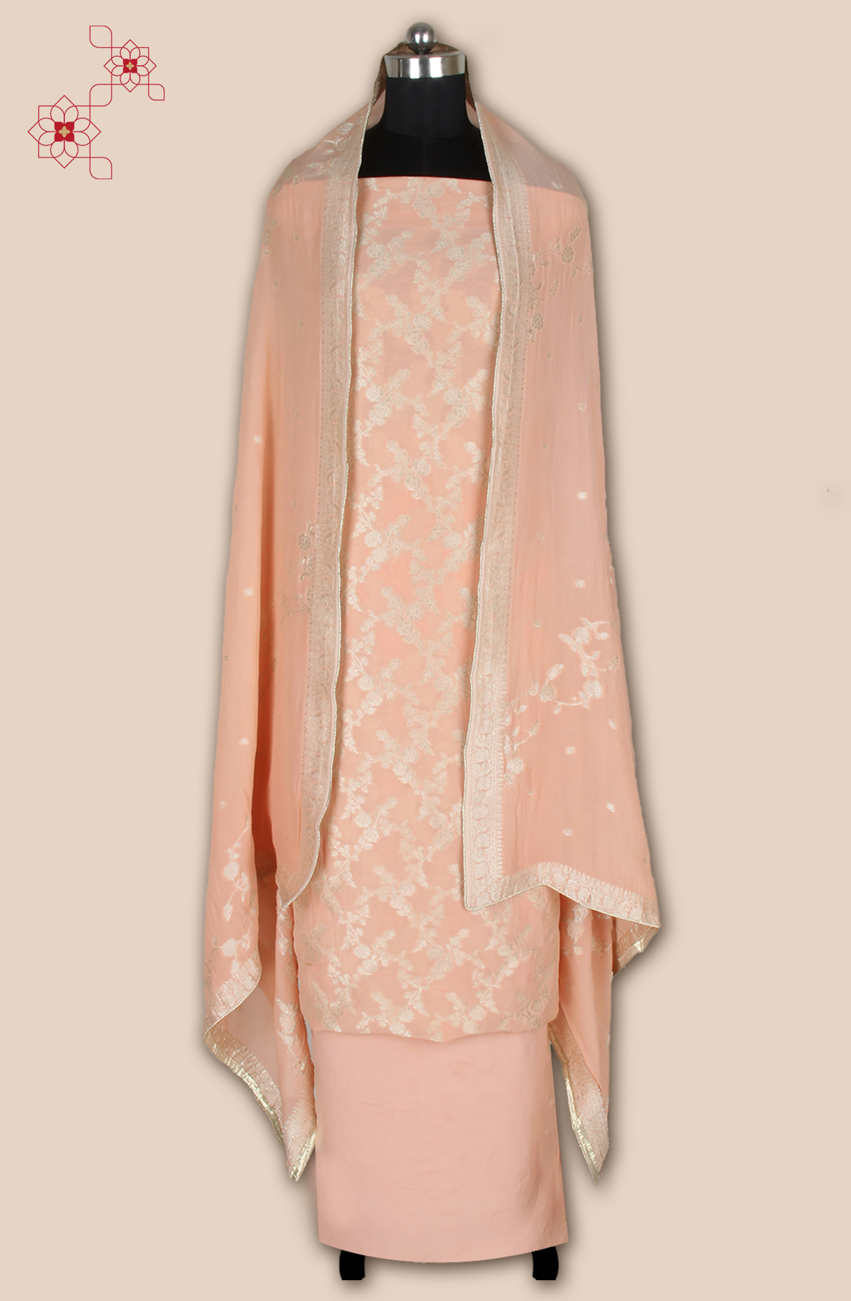 Peach Designer Georgette Zari Brocade Work Unstitched Salwar Suit - 1002-GP11428F