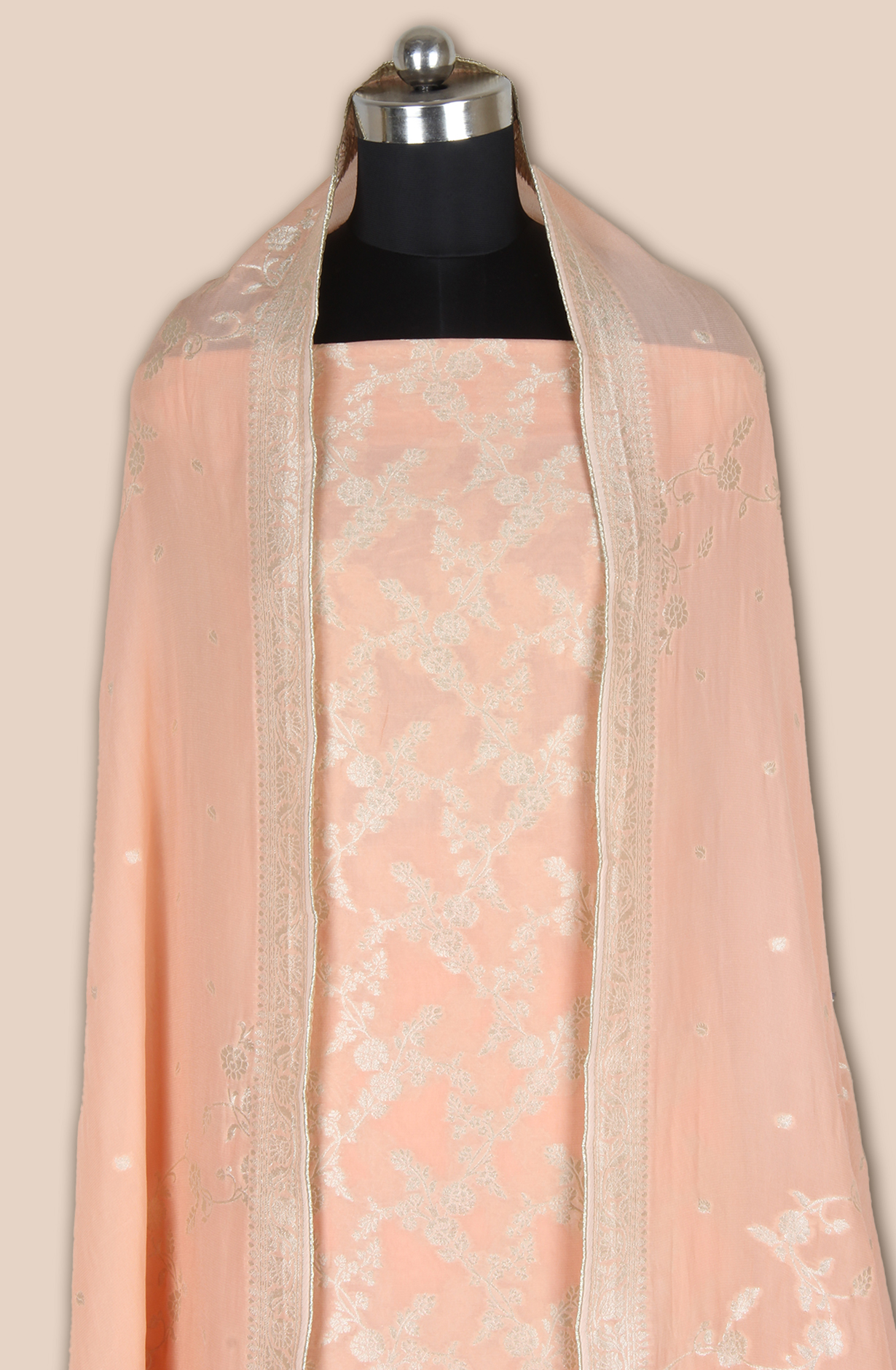 Peach Designer Georgette Zari Brocade Work Unstitched Salwar Suit - 1002-GP11428F